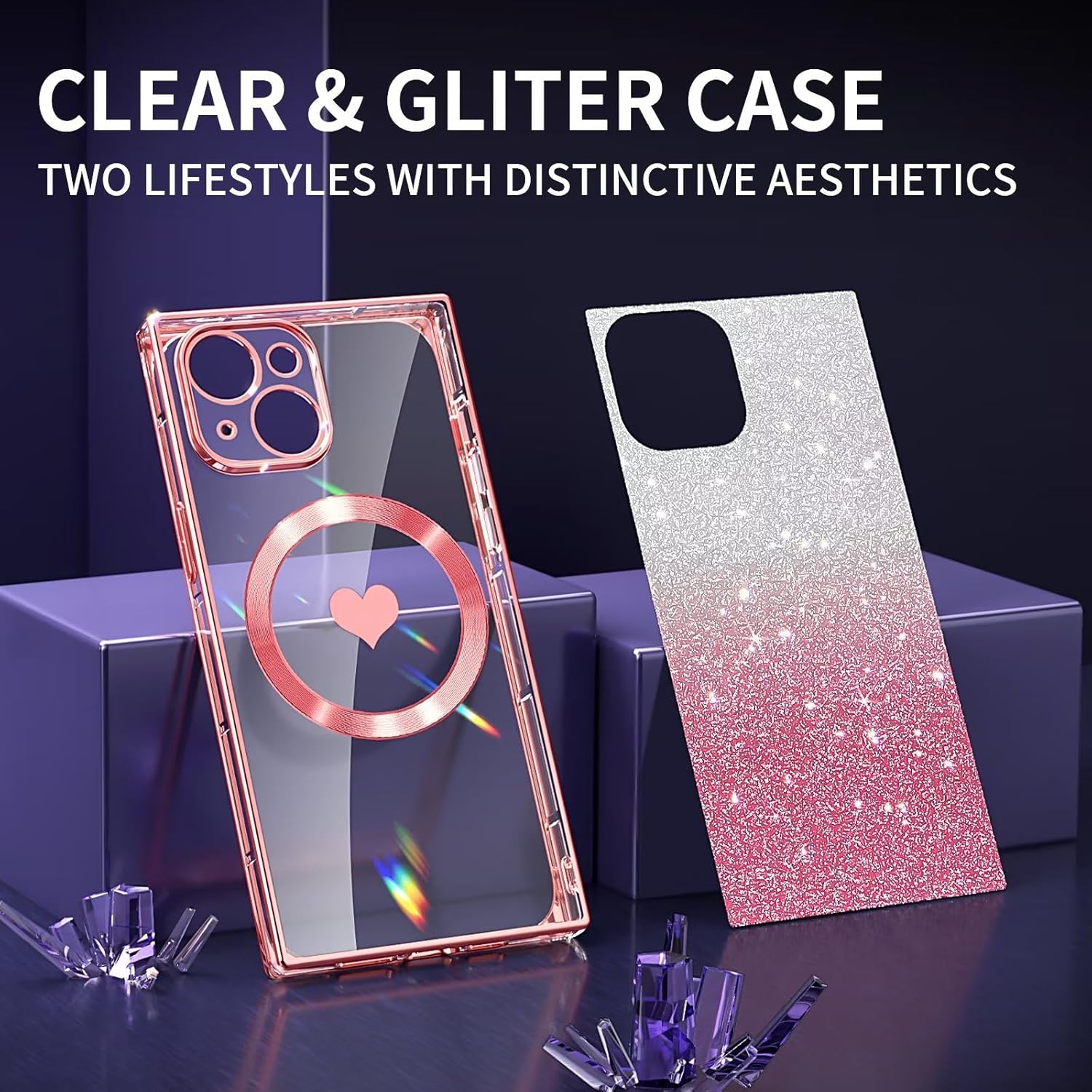 Funda magnética cuadrada para iPhone 15 Plus compatible con MagSafe protección completa de la lente, patrón de corazón lindo y cubierta brillante