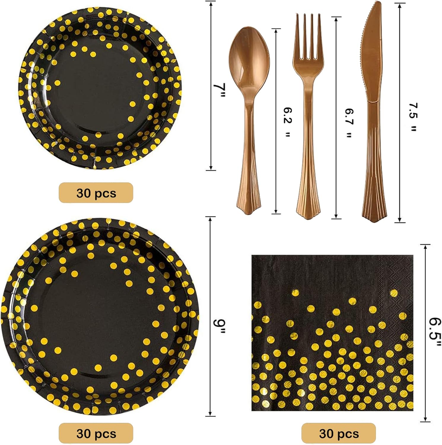 Choha 180 piezas de suministros de fiesta negros y dorados, sirve para 30 invitados desechables para fiestas, platos de papel negro, servilletas,