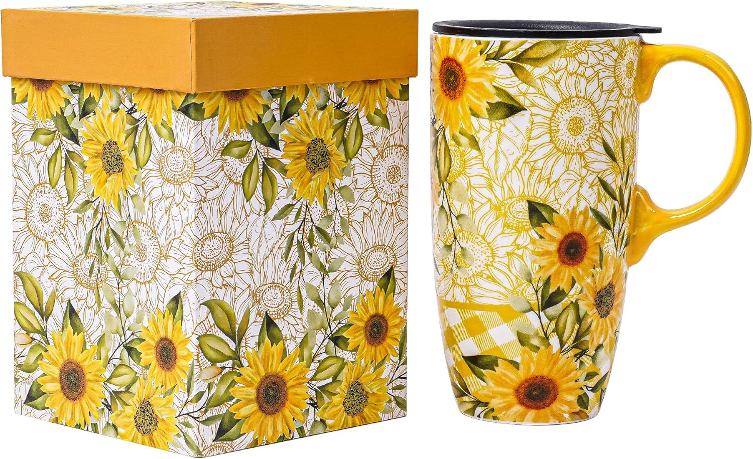 Topadorn Taza de cerámica para café, taza de té de porcelana con tapa en caja de regalo, 17 onzas, girasoles.