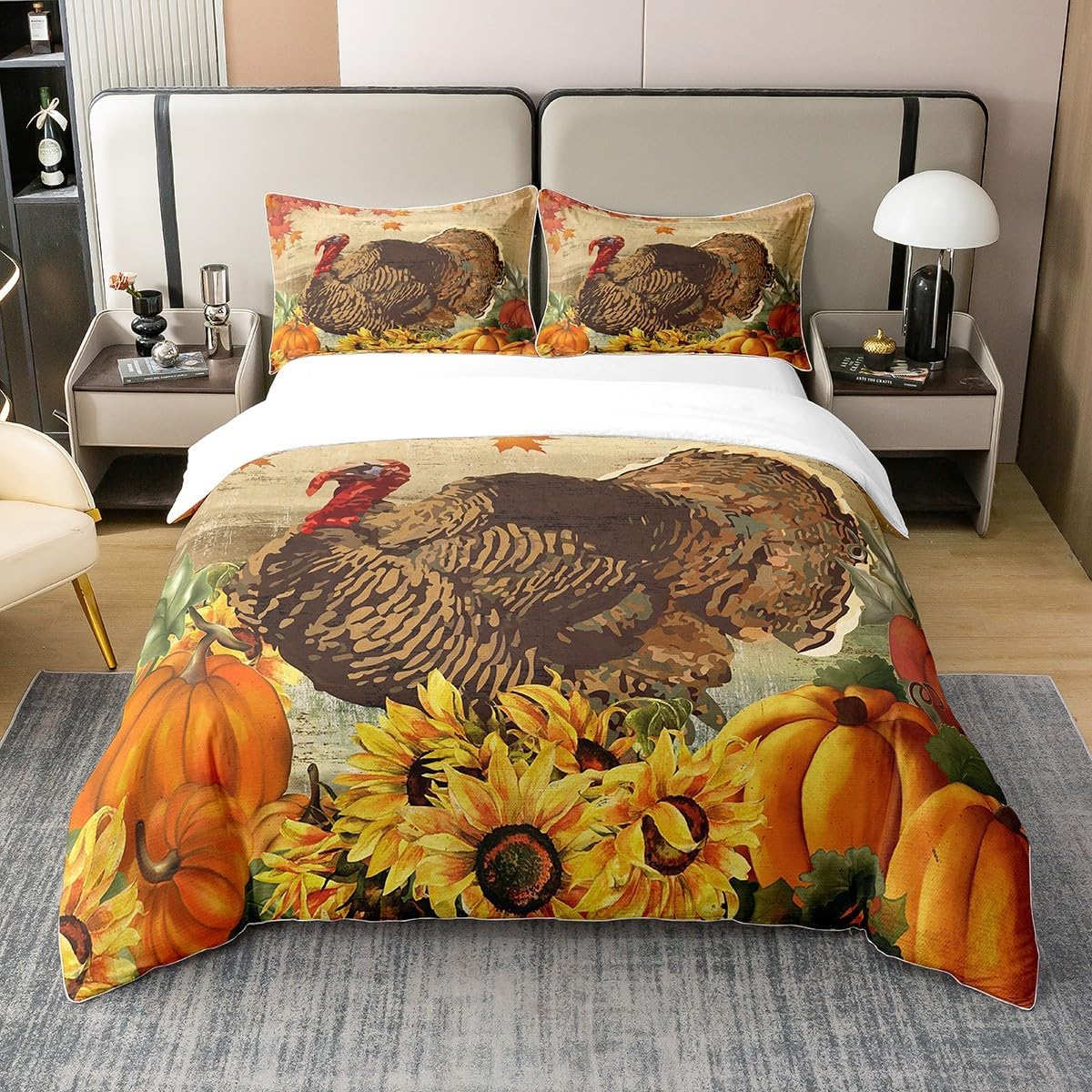 jejeloiu Juego de funda de edredón de otoño, 100% algodón, tamaño King, juego de ropa de cama de pavo para niños, niñas, adolescentes, juego de
