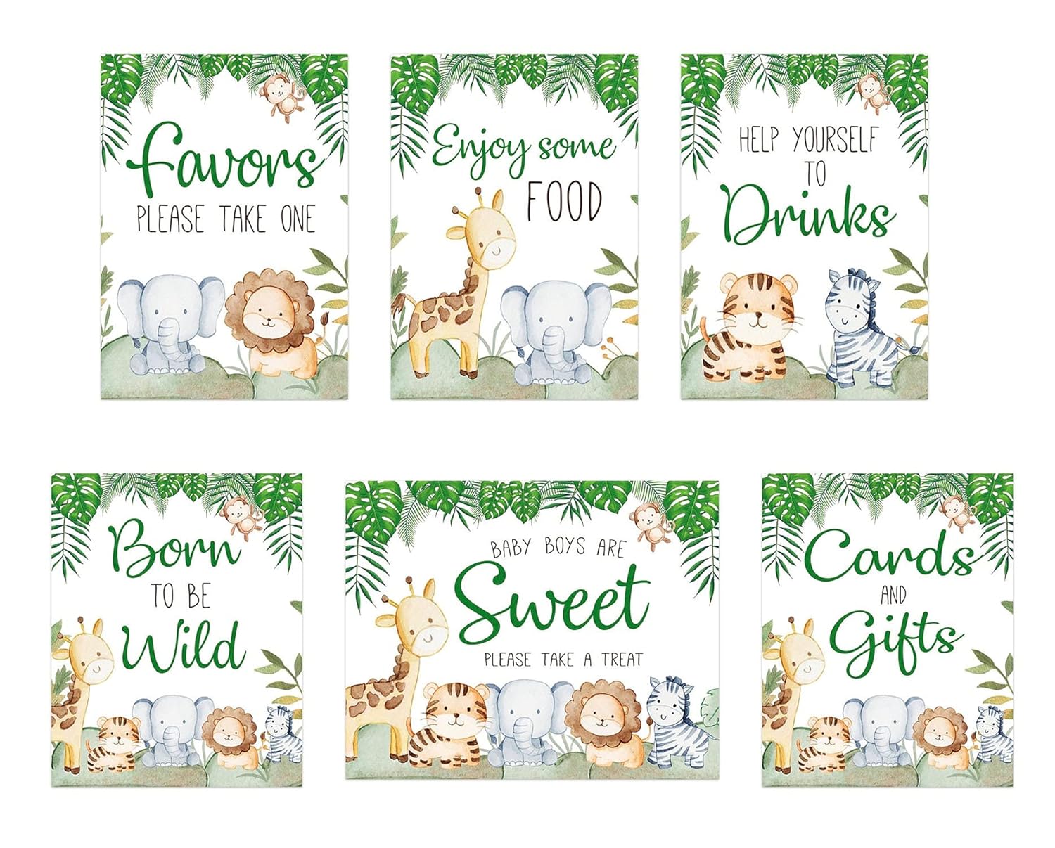 Set of 6 Jungle Safari Baby Shower Signs, Cute Jungle Baby Animals, Safari Baby Shower Decorations, 8×10 signs, Food, Drink, Welcome Signs