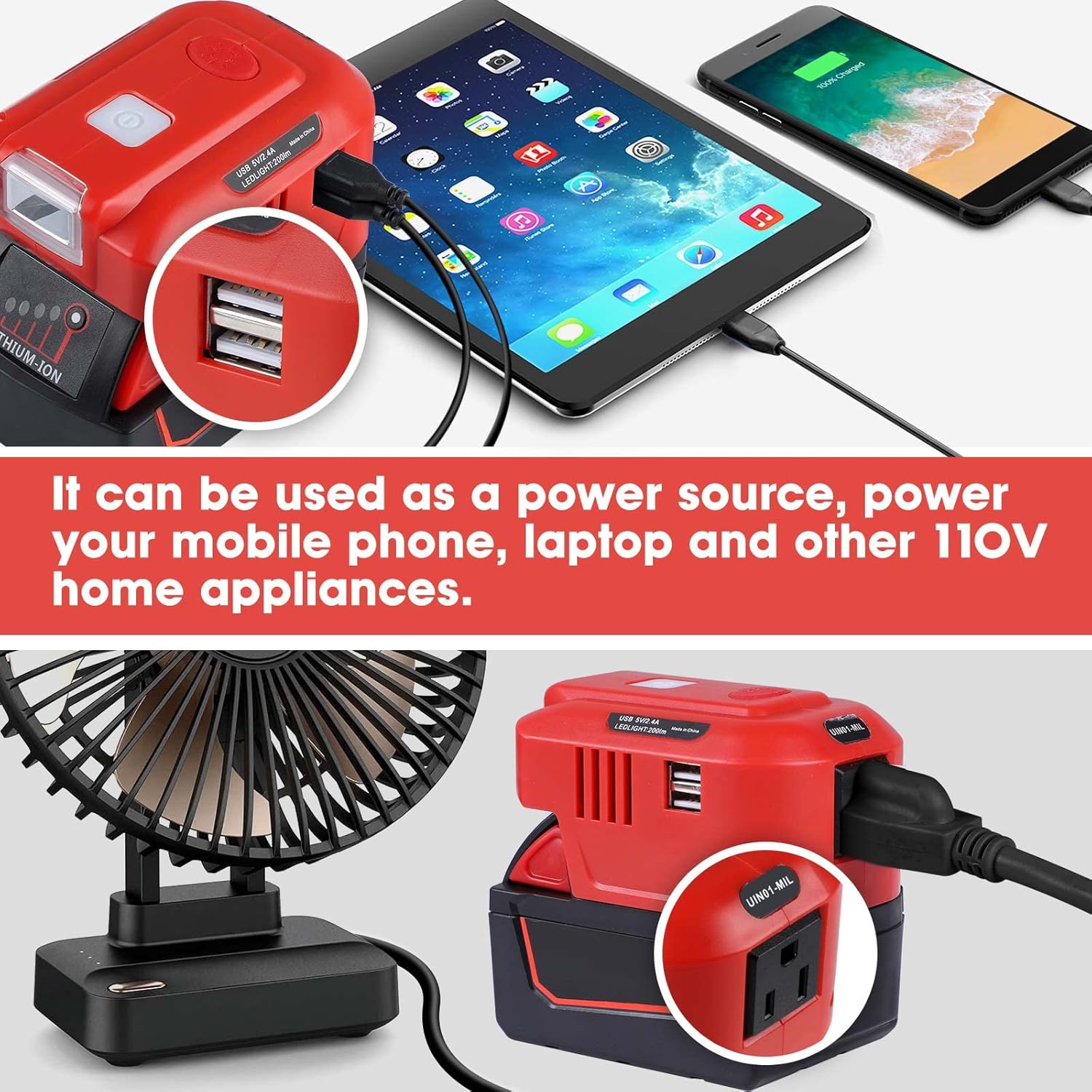 Alian para Milwaukee – Generador inversor de batería de litio de 18 V, para adaptador de cargador USB Milwaukee con luz LED, para fuente de