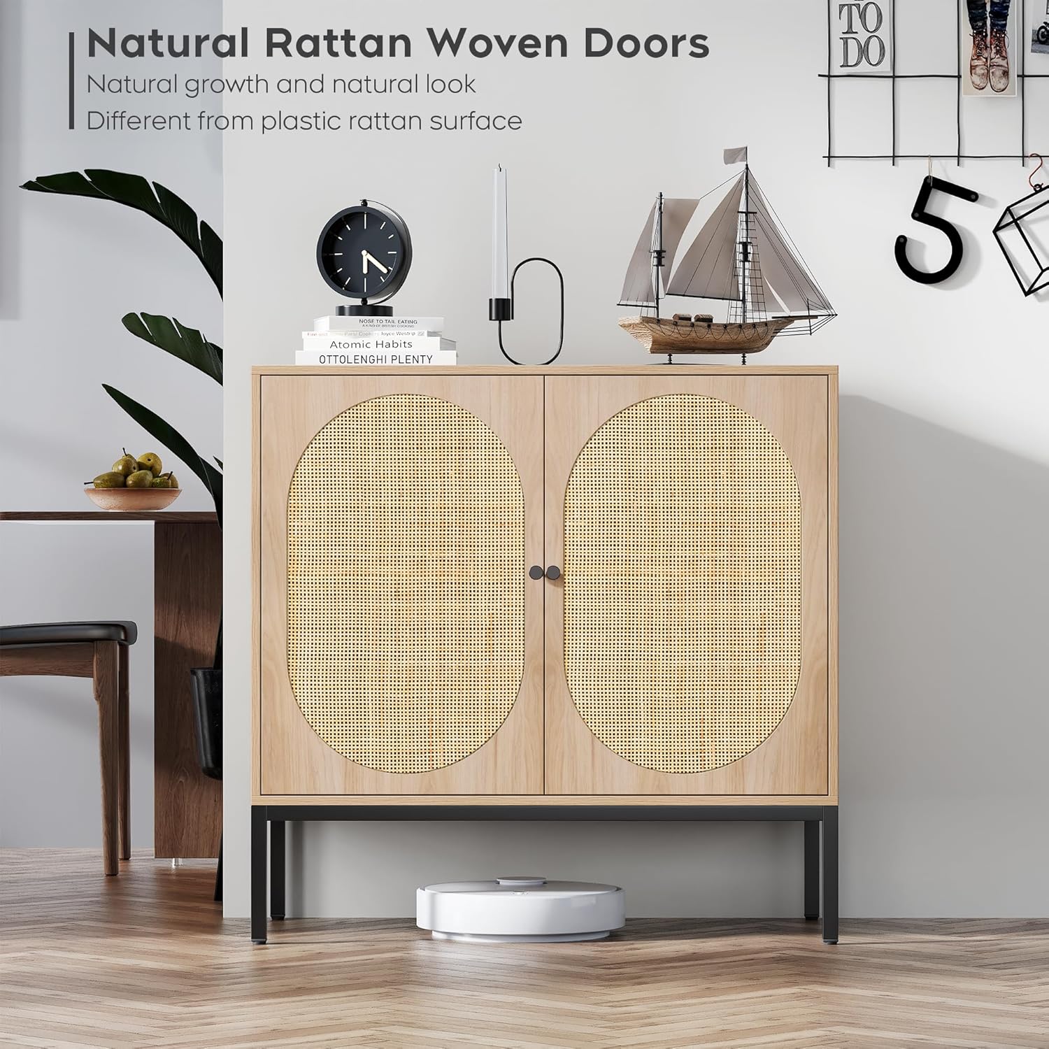 Brafab Aparador Buffet Gabinete con Almacenamiento, Armario Aparador con Puertas Decoradas de Ratán Natural, Gabinete de Ratán, Gabinete de Acento,