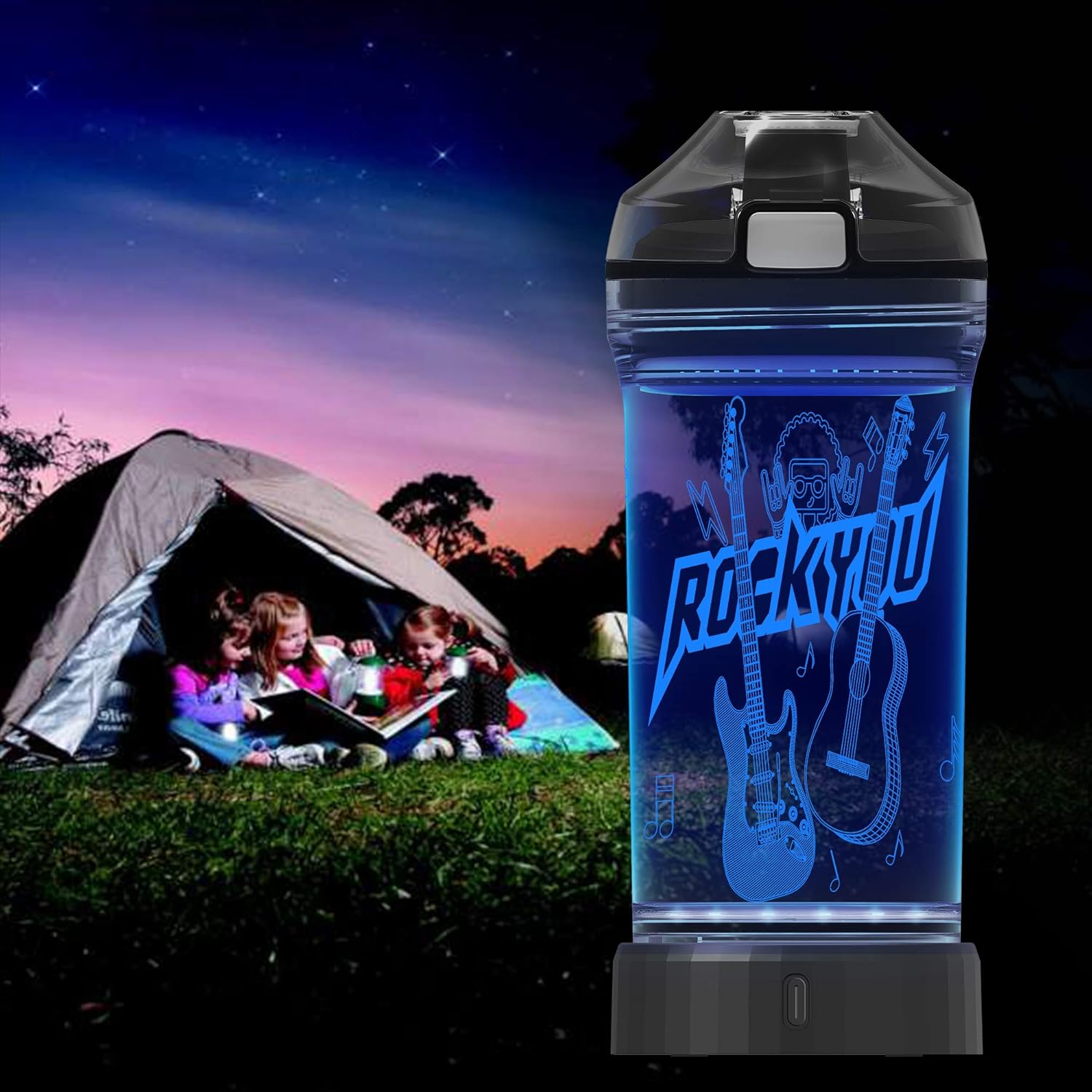 Botella de agua para niños con luz LED de guitarra brillante 3D, Tritan sin BPA, taza de viaje creativa ideal para regalo de música para el regreso