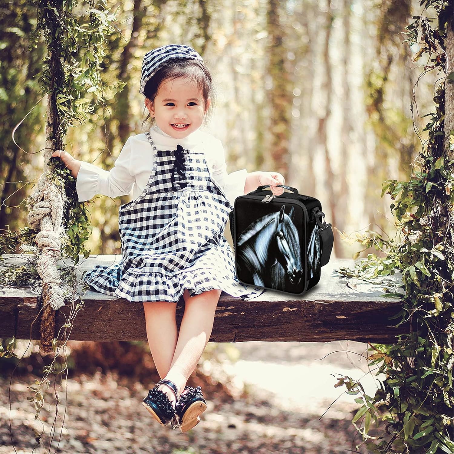 Pardick Lonchera térmica con diseño de caballo negro para niños, niñas, mujeres y hombres, con correa para el hombro, duradera, reutilizable,