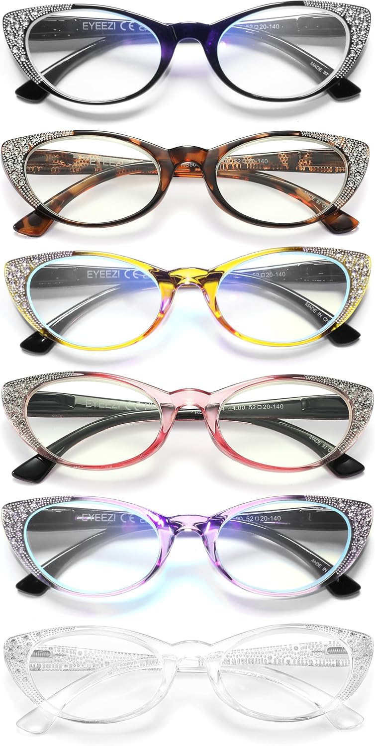 eyeezi Gafas de lectura con diseño de ojo de gato para mujer, bloqueo de luz azul, paquete de 6 unidades para lectores de moda para mujer con