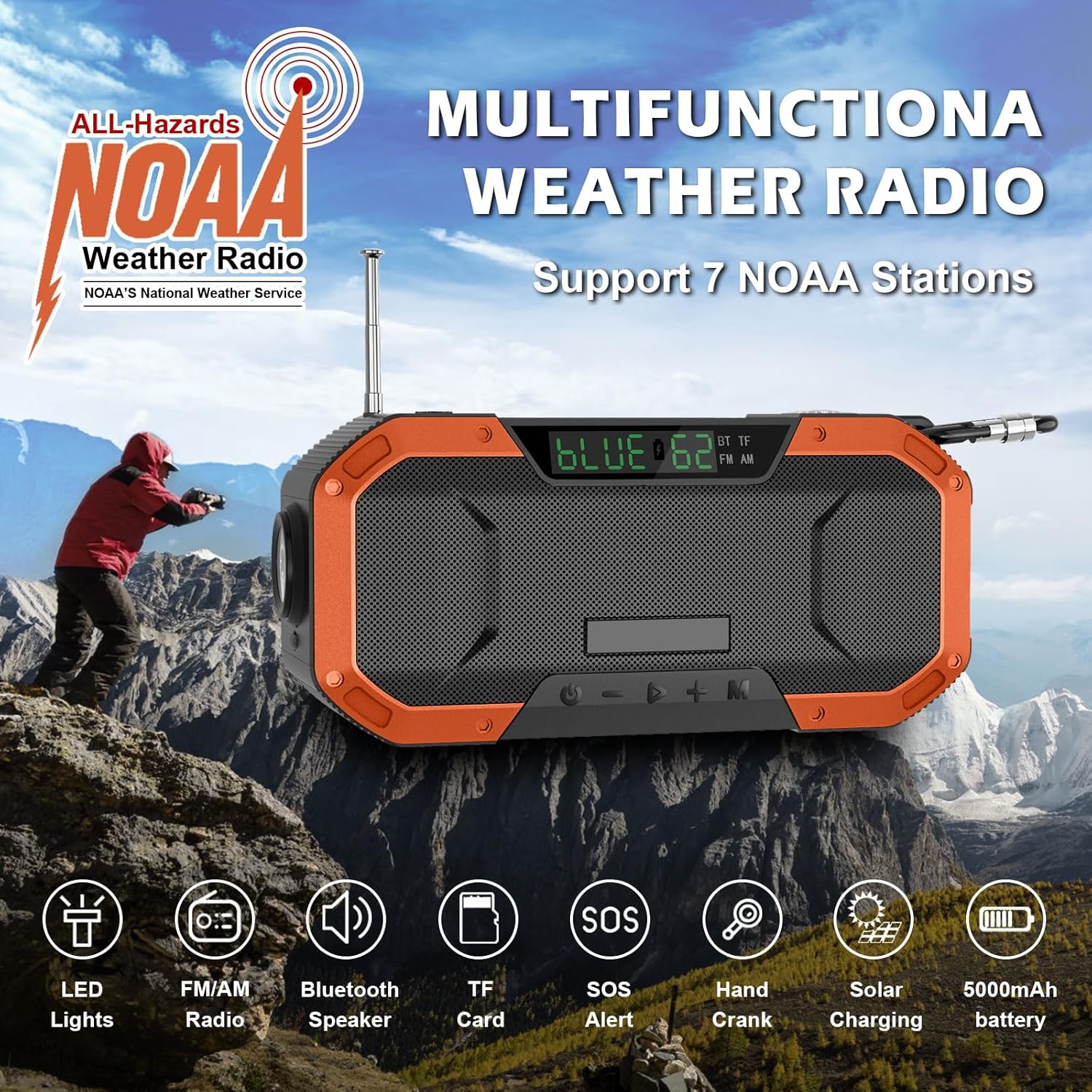 Radio meteorológica de emergencia Altavoz Bluetooth, radio digital portátil NOAAAMFM con linterna LED, lámpara de lectura, radio de alerta