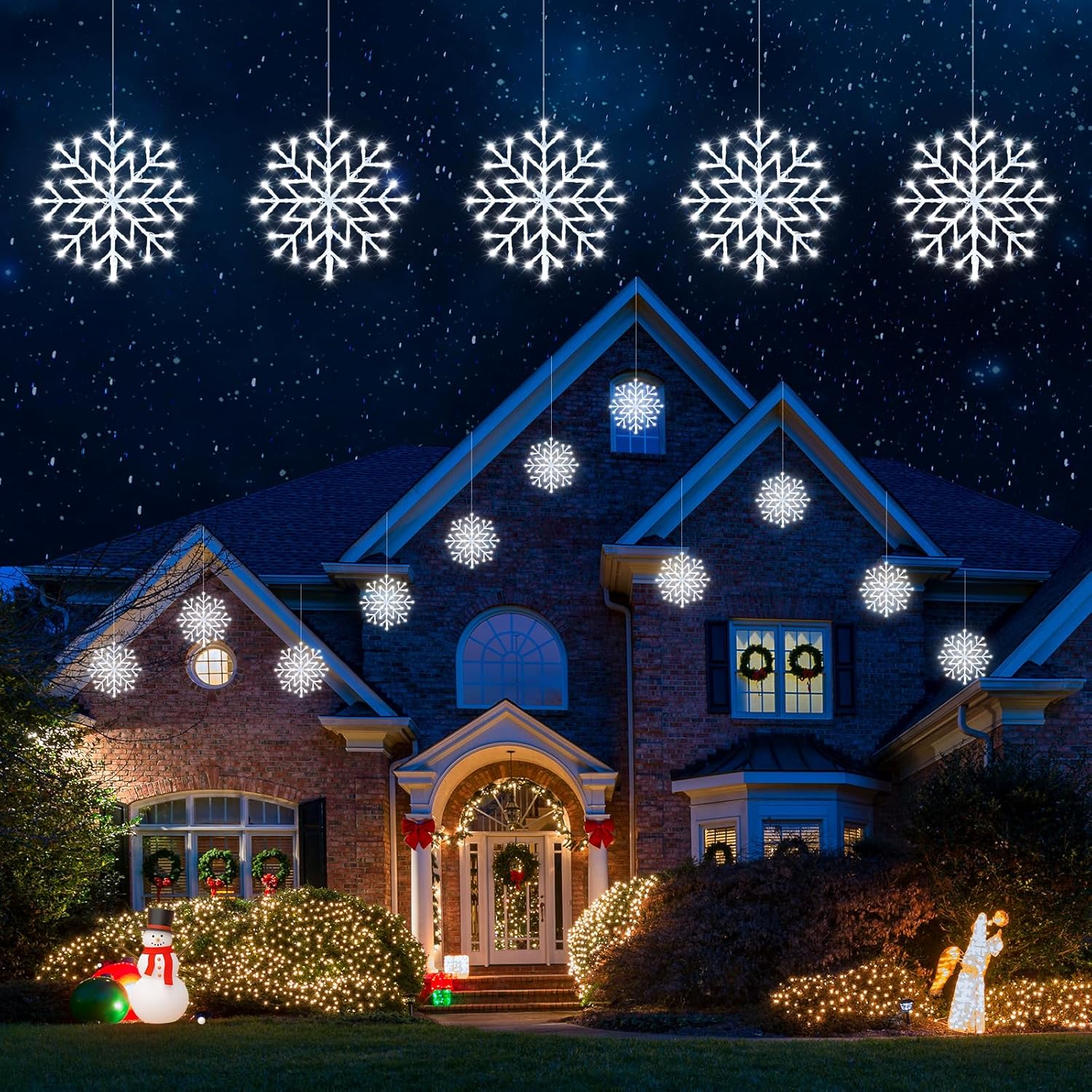 Luces de copo de nieve de Navidad para exteriores, enchufables de 23.6 pies, 10 gotas, 480 luces LED de ventana de copo de nieve, conectables para