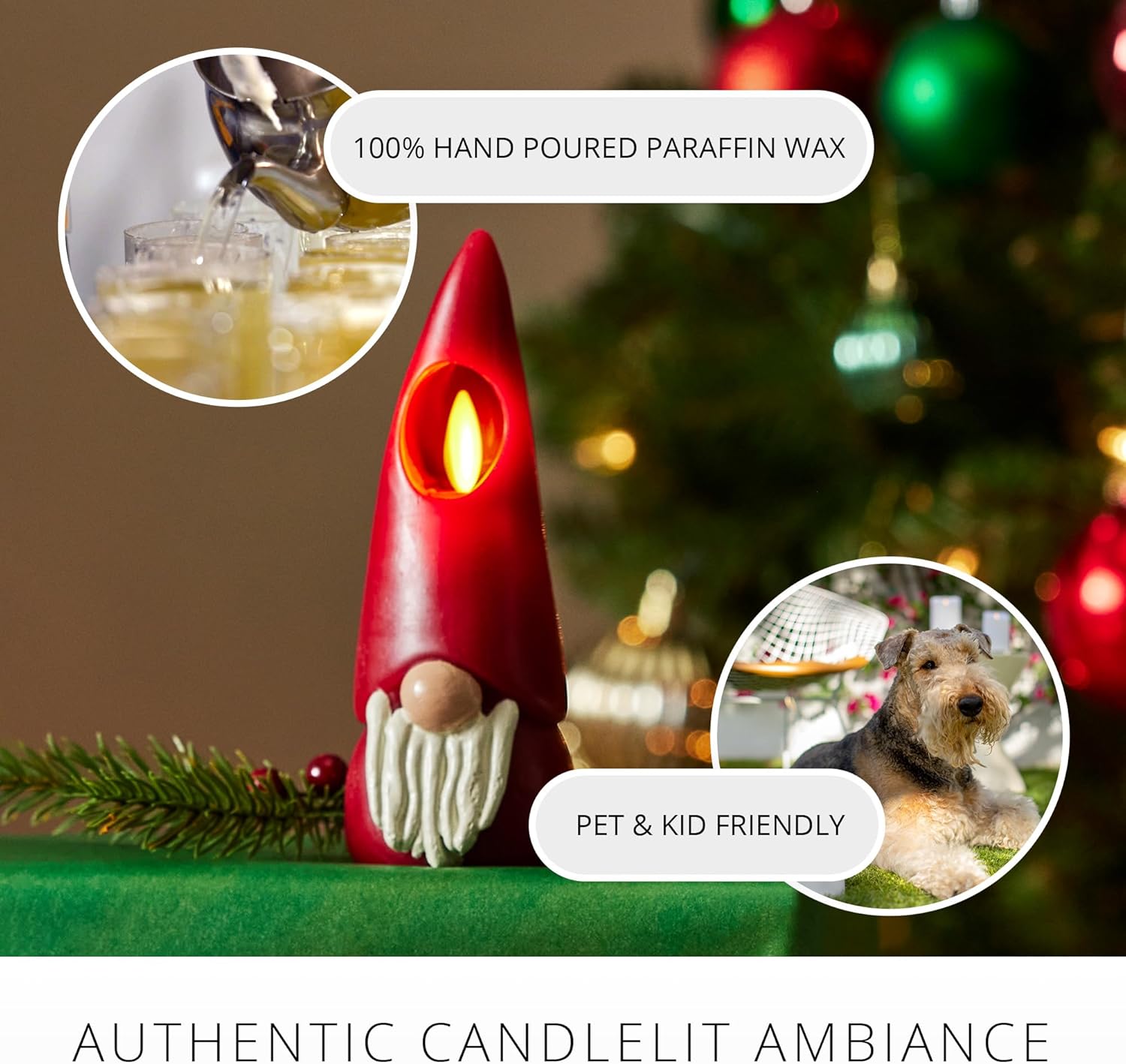 Luminara Vela sin llama de gnomo figural de 2.2 x 6 pulgadas, acabado liso, cera real, sin perfume, decoración de invierno y Navidad (borgoña)