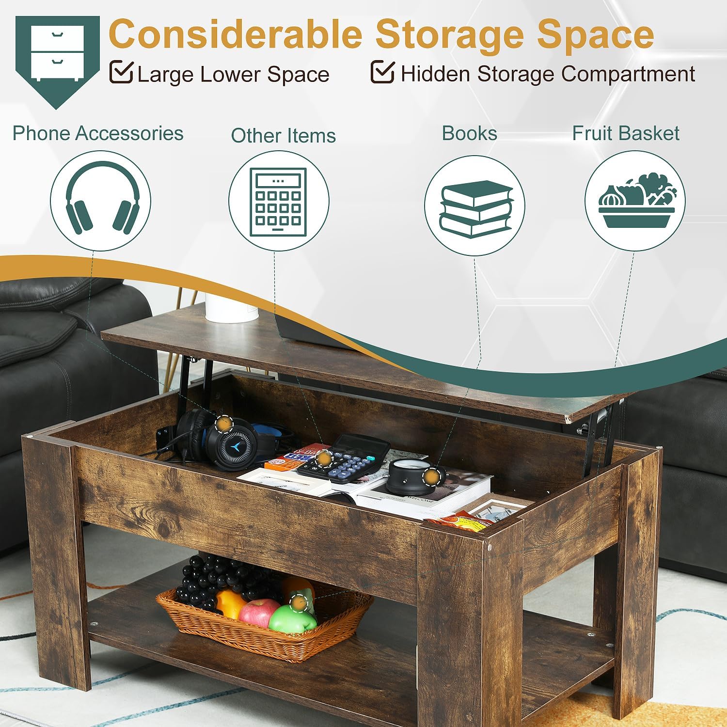 PayLessHere Mesa auxiliar elevable con compartimento oculto y estante de almacenamiento, mesa de comedor de madera para sala de estar y hogar