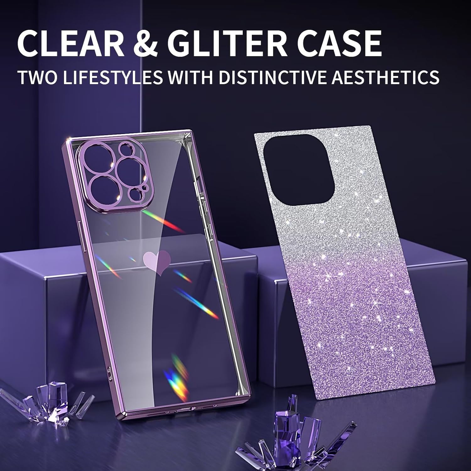 Tzomsze Funda compatible con iPhone 15 Pro con purpurina, transparente y brillante con bonito patrón de corazón, protección completa de lente y