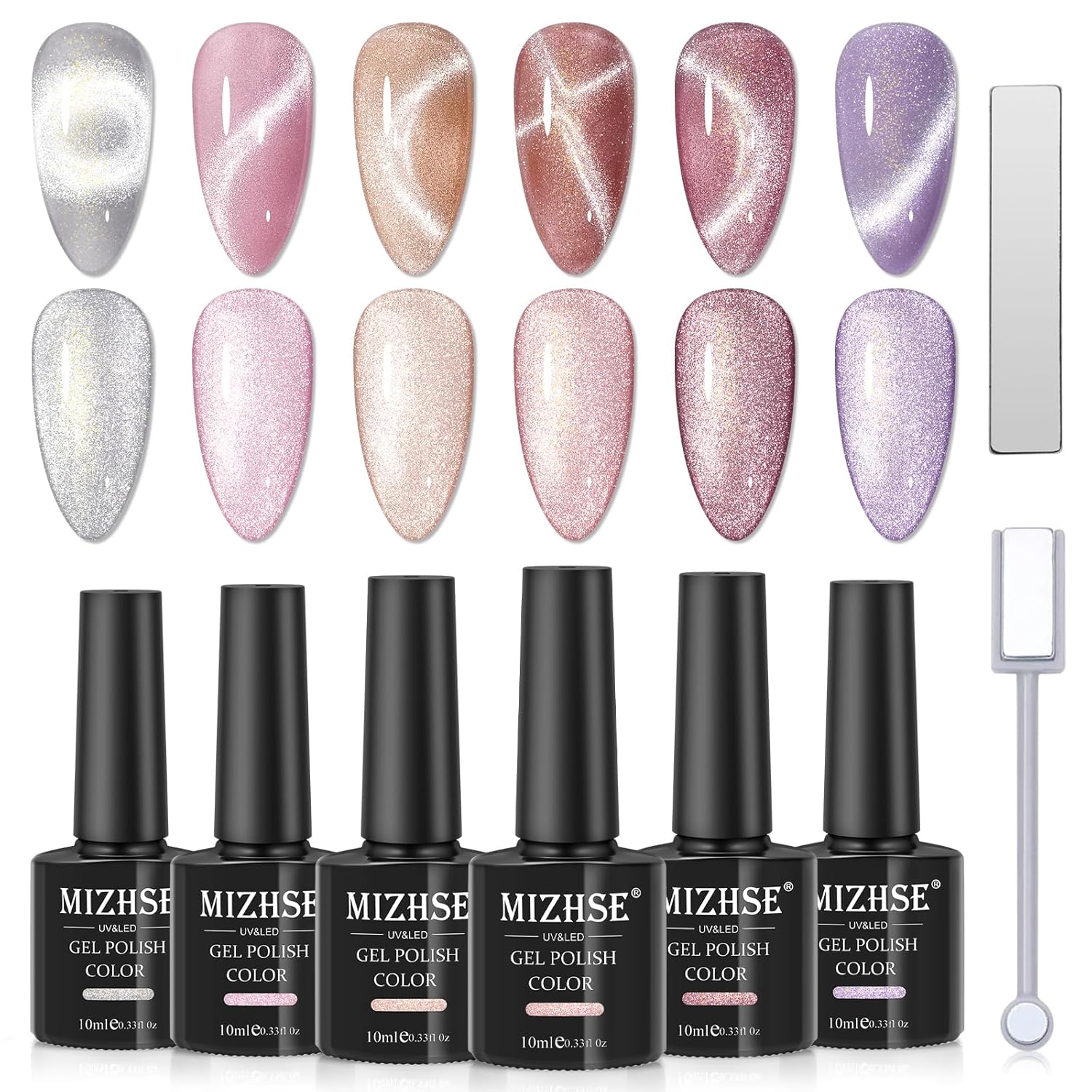 MIZHSE Gel base de goma 3 en 1 para uñas, juego de esmalte de gel magnético de ojo de gato, 6 colores de 0.3 fl oz con purpurina holográfica con 2