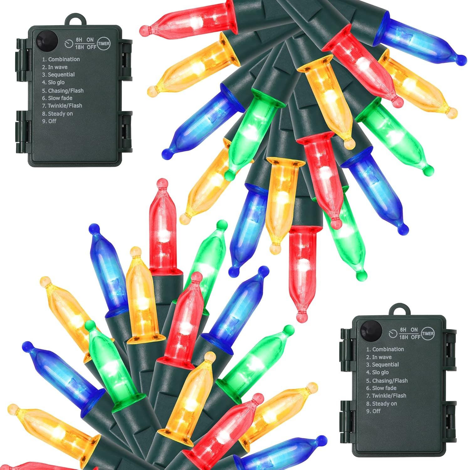 WATERGLIDE Paquete de 2 50 luces LED de Navidad para exteriores, 16 pies, funciona con pilas, mini luces con 8 modos y temporizador, luces de árbol