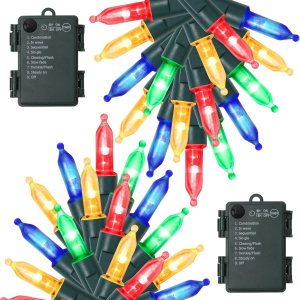 WATERGLIDE Paquete de 2 50 luces LED de Navidad para exteriores, 16 pies, funciona con pilas, mini luces con 8 modos y temporizador, luces de árbol WATERGLIDE Paquete de 2 50 luces LED de Navidad para exteriores, 16 pies, funciona con pilas, mini luces con 8 modos y temporizador, luces de árbol