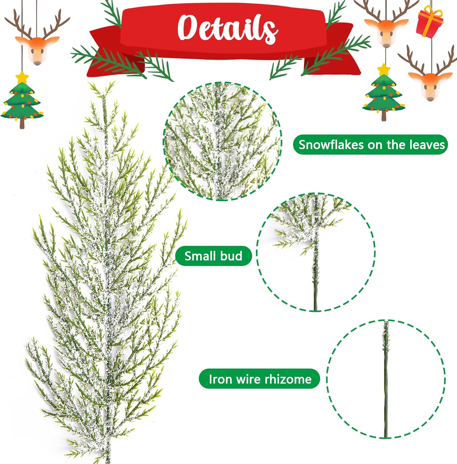 Alpurple 50 ramas de pino esmerilado de nieve de Navidad, ramas de pino artificial nevadas de 13.5 pulgadas, ramitas de cedro verde, tallos de pino