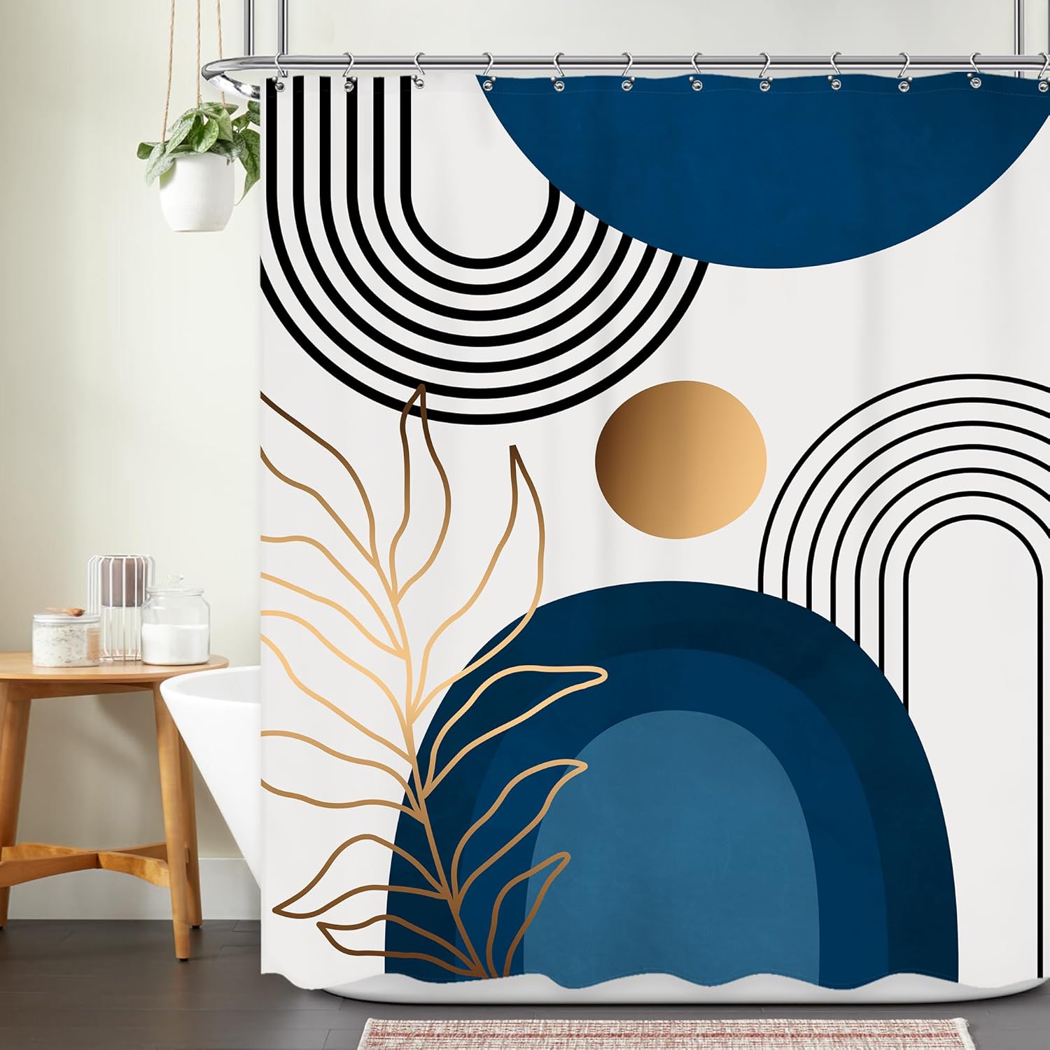 Cortina de ducha bohemia moderna de mediados de siglo, 60 pulgadas de ancho x 72 pulgadas de largo, diseño abstracto azul marino, arco iris, hojas