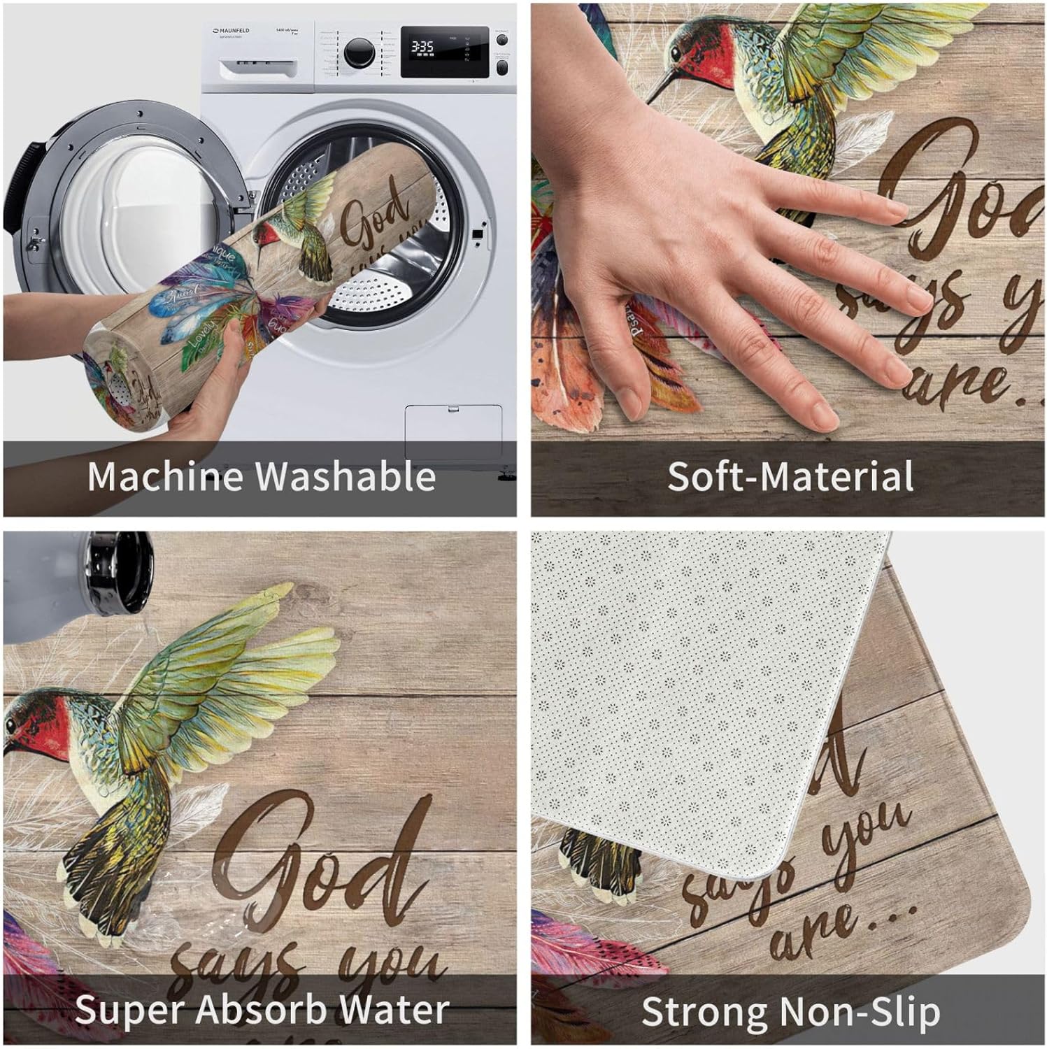Tapete de baño antideslizante con diseño de colibrí, de secado rápido, lavable, con plumas de Dios dice que eres para baño, cocina, comedor, sala de