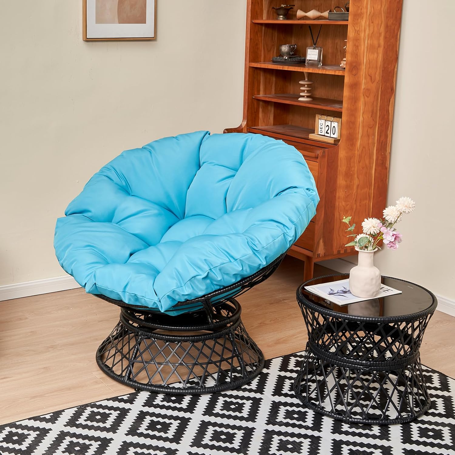 Silla Papasan giratoria de mimbre de ratán de 360 con base grande y cojín para sala de estar, dormitorio, sala de lectura, sala de ocio (azul lago)