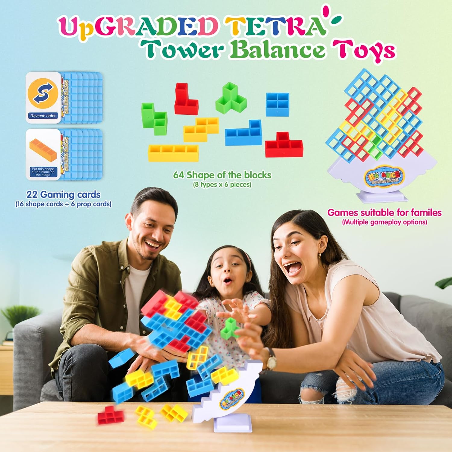 Juego de 64 piezas de Tetra Tower, tablero familiar de ataque pila para 2 jugadores, juegos familiares, bloques de construcción, juegos de