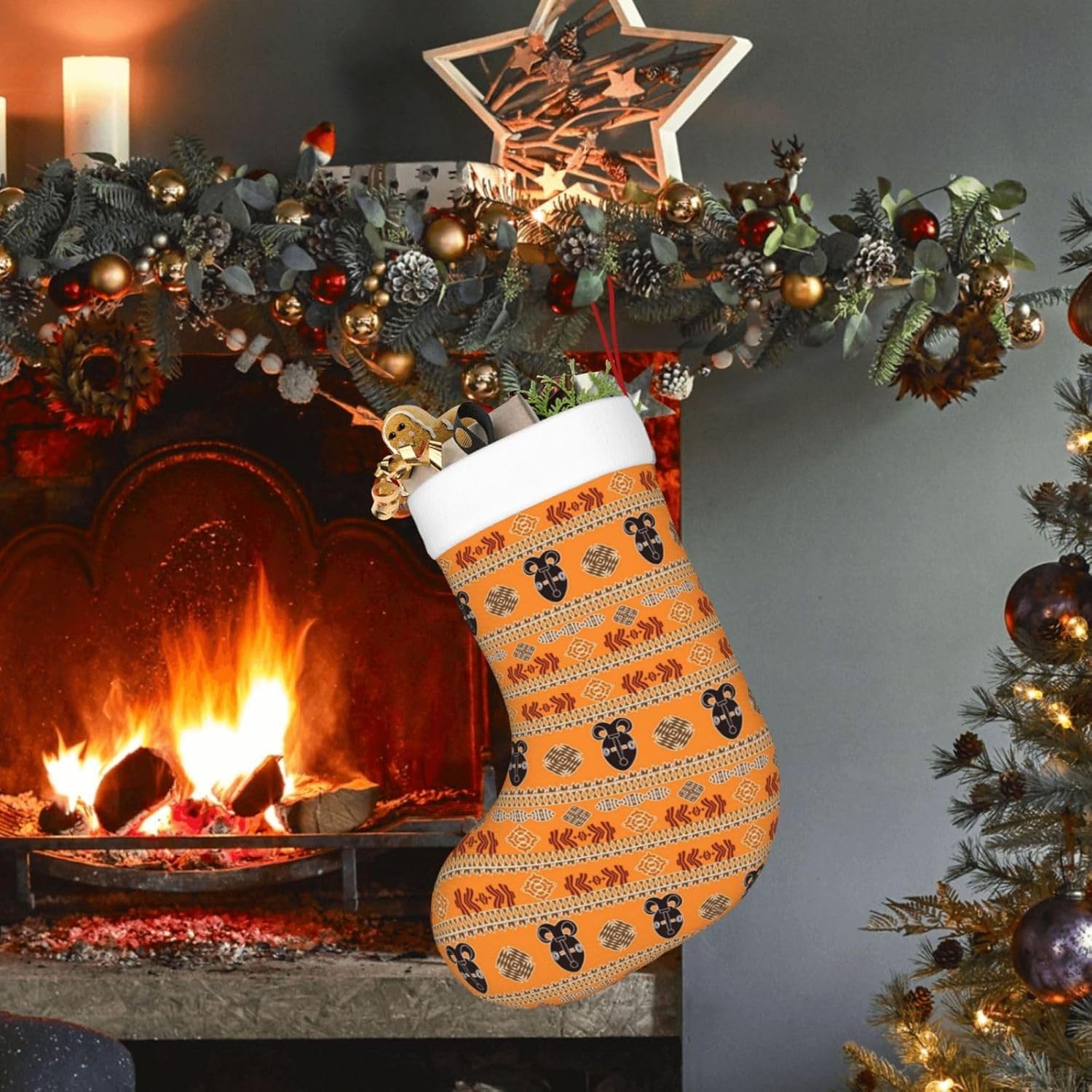 Calcetines de Navidad, patrón étnico africano con símbolos, medias de Navidad grandes, medias colgantes de chimenea de Navidad para Navidad,
