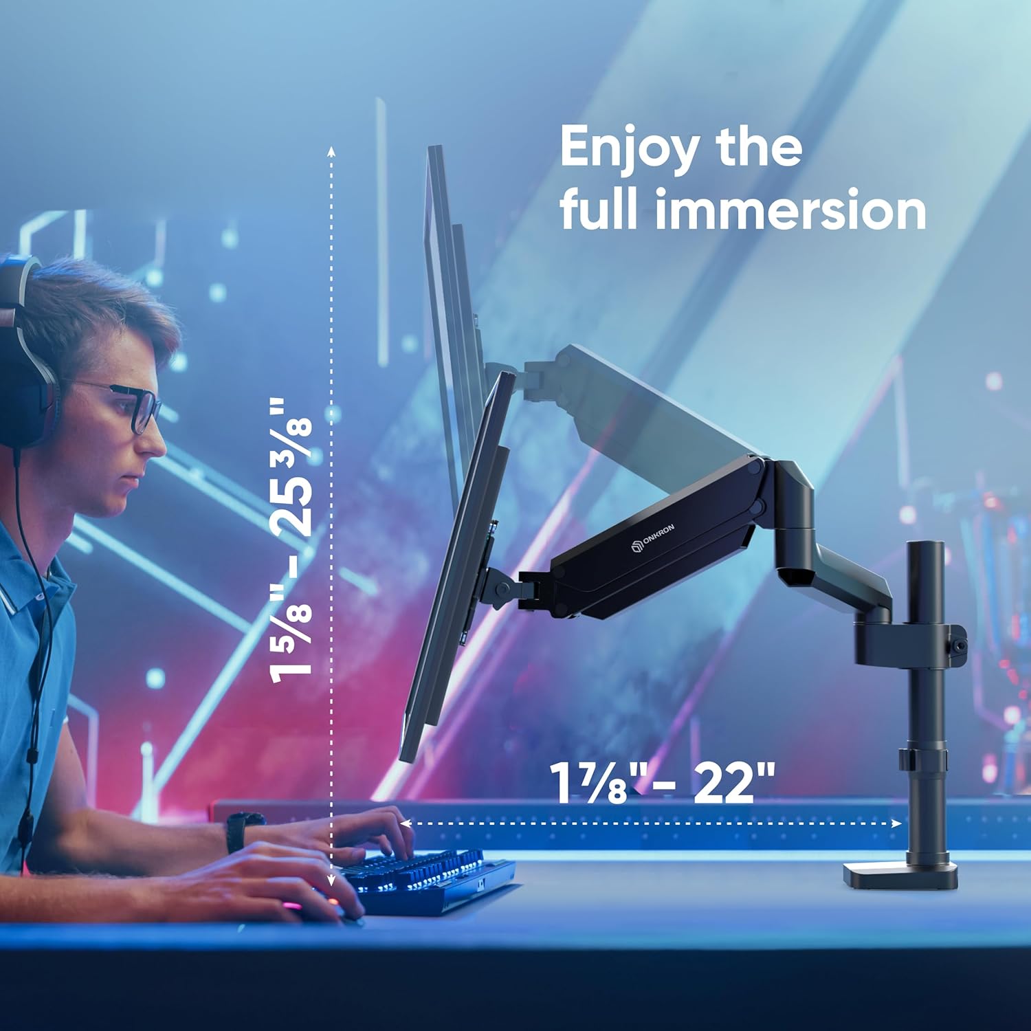 ONKRON Soporte de escritorio con brazo para monitor único para pantallas de 13 a 34 pulgadas de hasta 26.5 libras, brazo vertical para monitor con