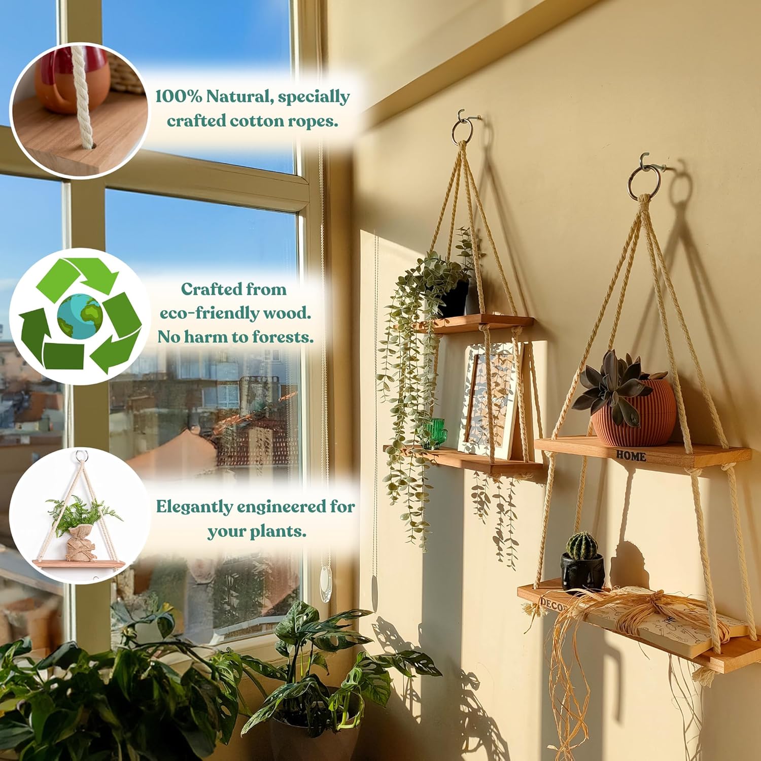 Estantes colgantes para pared, estante colgante para plantas, estantes bohemios de madera para decoración de dormitorio de otoño, estantes de cuerda