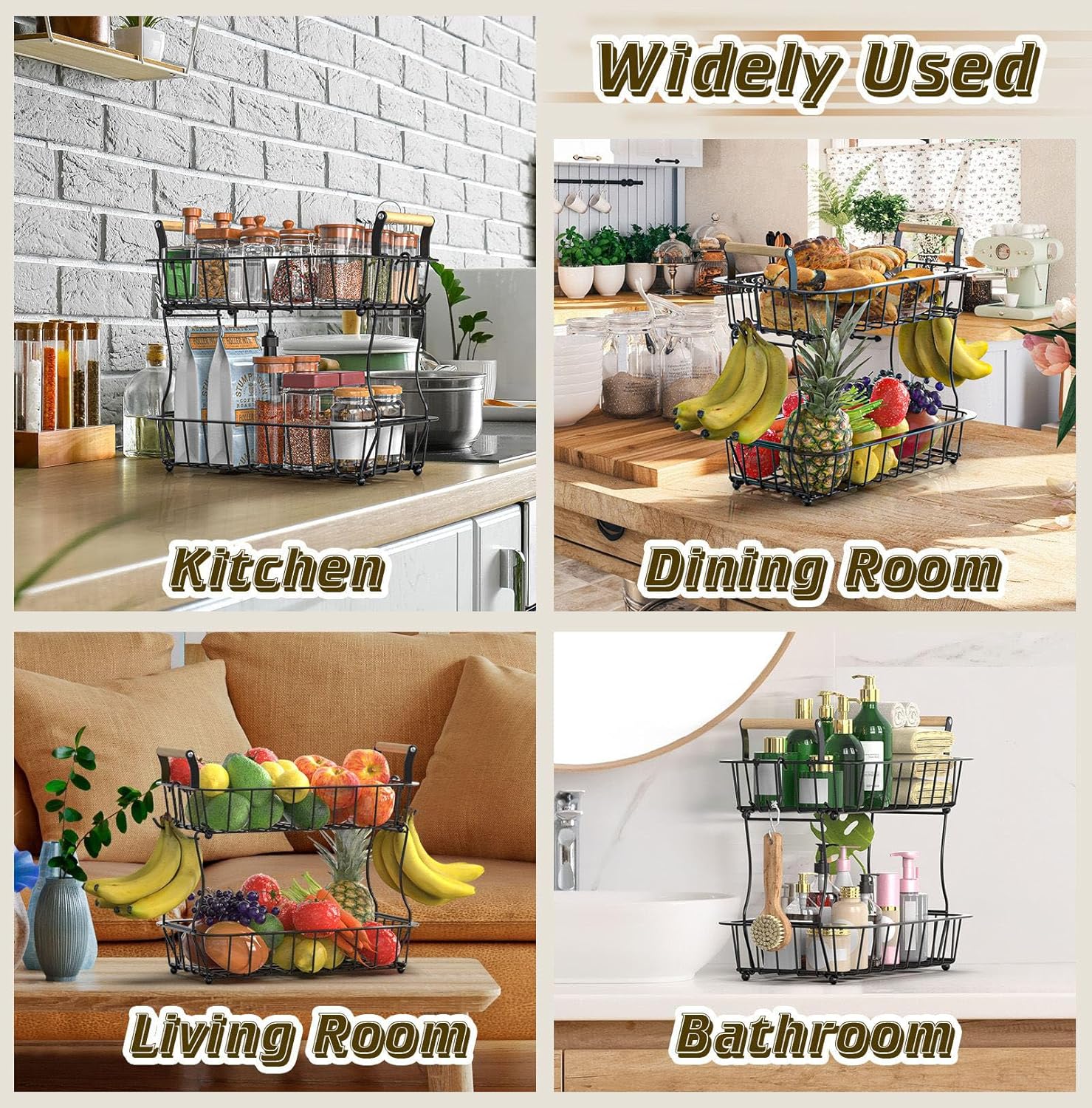 Cesta de frutas de 2 niveles para encimera de cocina con 2 ganchos para plátanos, cuenco de frutas para encimera de cocina, soporte grande para