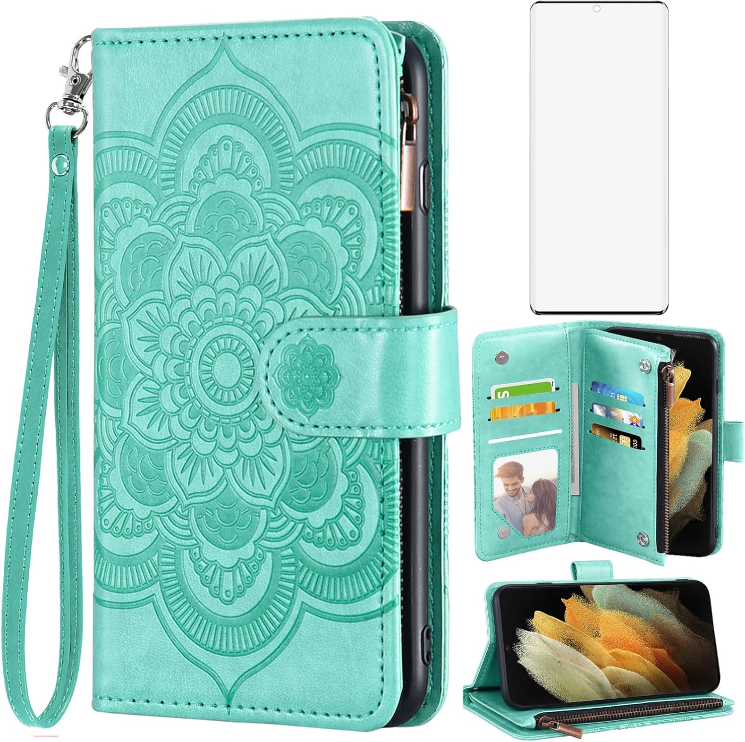 Asuwish Compatible con Samsung Galaxy S21 Ultra Glaxay S21ultra 5G – Funda tipo cartera y protector de pantalla de vidrio templado para Gaxaly 21S S