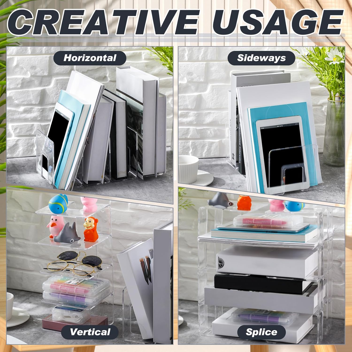 Tatuo 12 piezas clasificador de archivos de acrílico transparente para escritorio, 4 secciones, estante para libros, organizador de bolso, bolso de