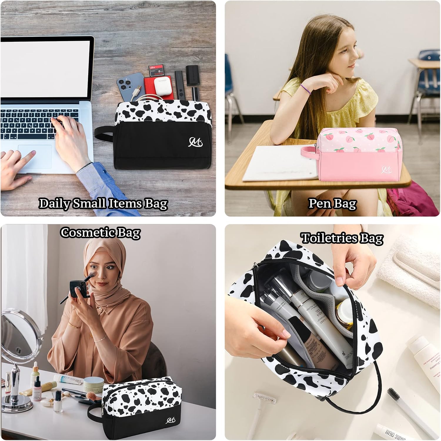 Ryushoyo Juego de 2 piezas de artículos de tocador de viaje impermeable maquillaje electrónico lápiz organizador bolsa con asa, Rosado Flamingo, Moda