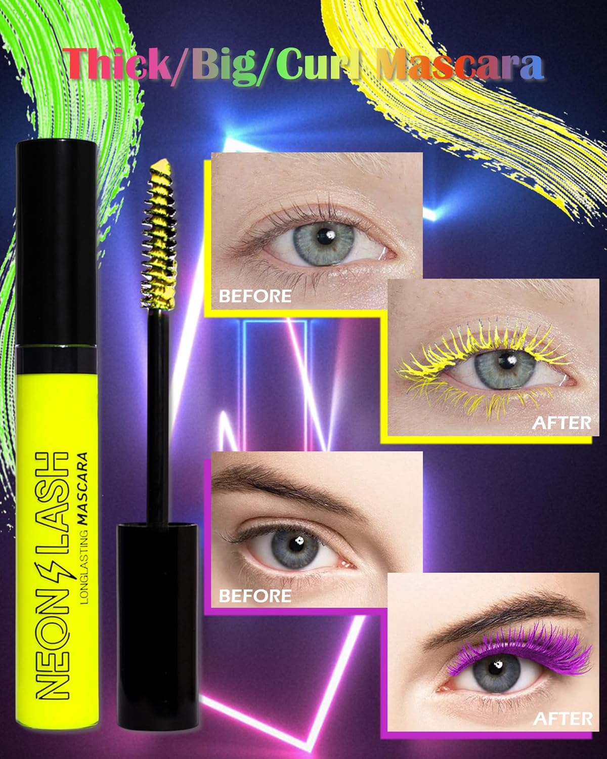 Máscara de pestañas de color con brillo UV, volumen y longitud, 1 máscara de pestañas rosa impermeable para pestañas, máscara de secado rápido sin