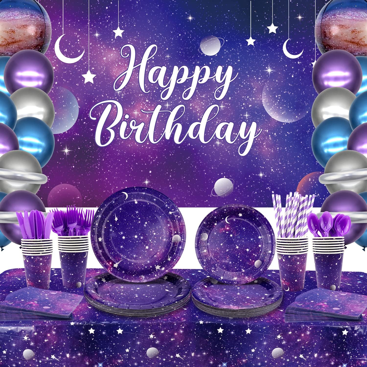 Suministros de fiesta de galaxia, incluye telón de fondo de cumpleaños de galaxia espacial, platos, servilletas, vasos, mantel, globos, globos de