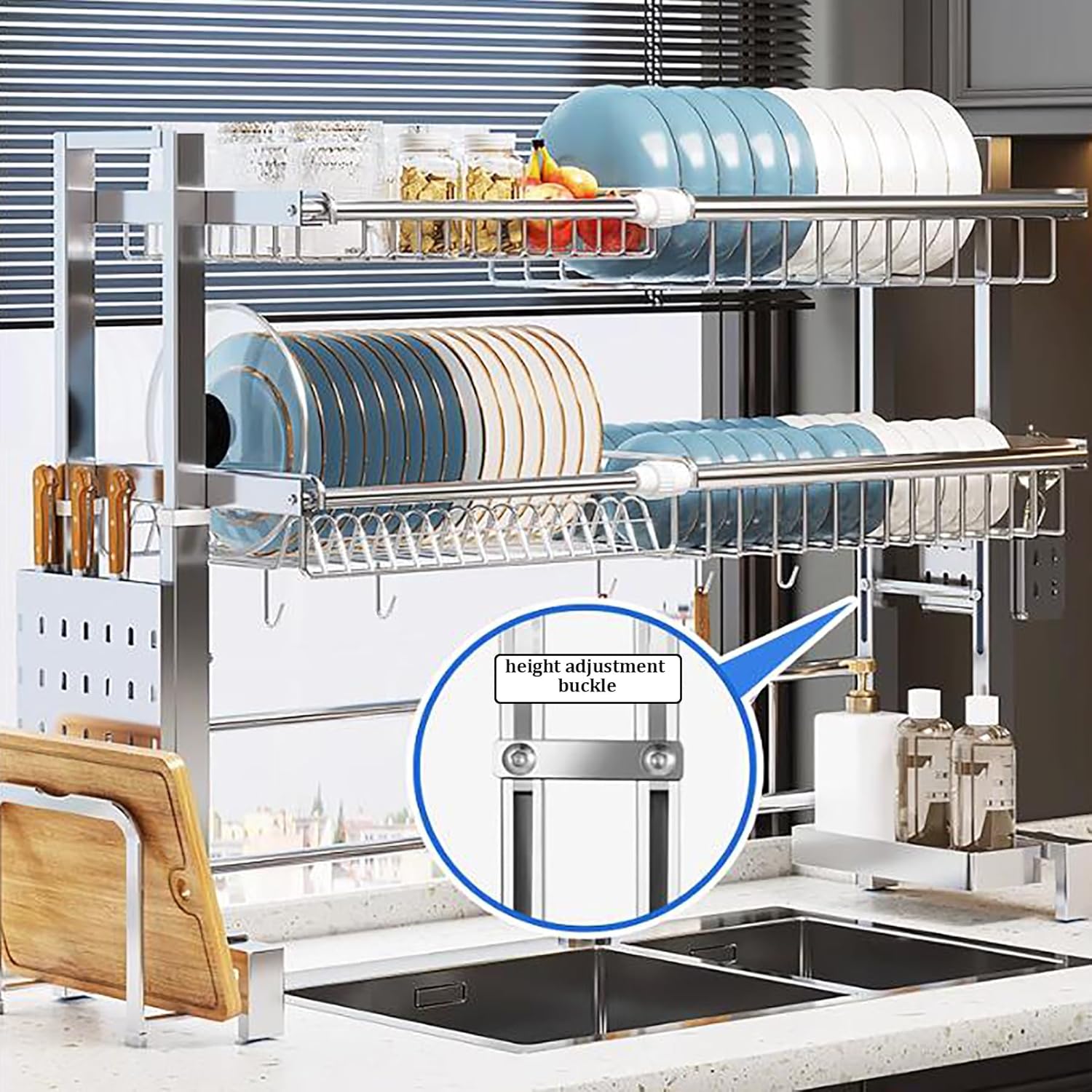 LONONE Escurridor de platos para colocar sobre el fregadero, escurridor de platos grande ajustable para encimera de cocina, acero inoxidable 304, 2