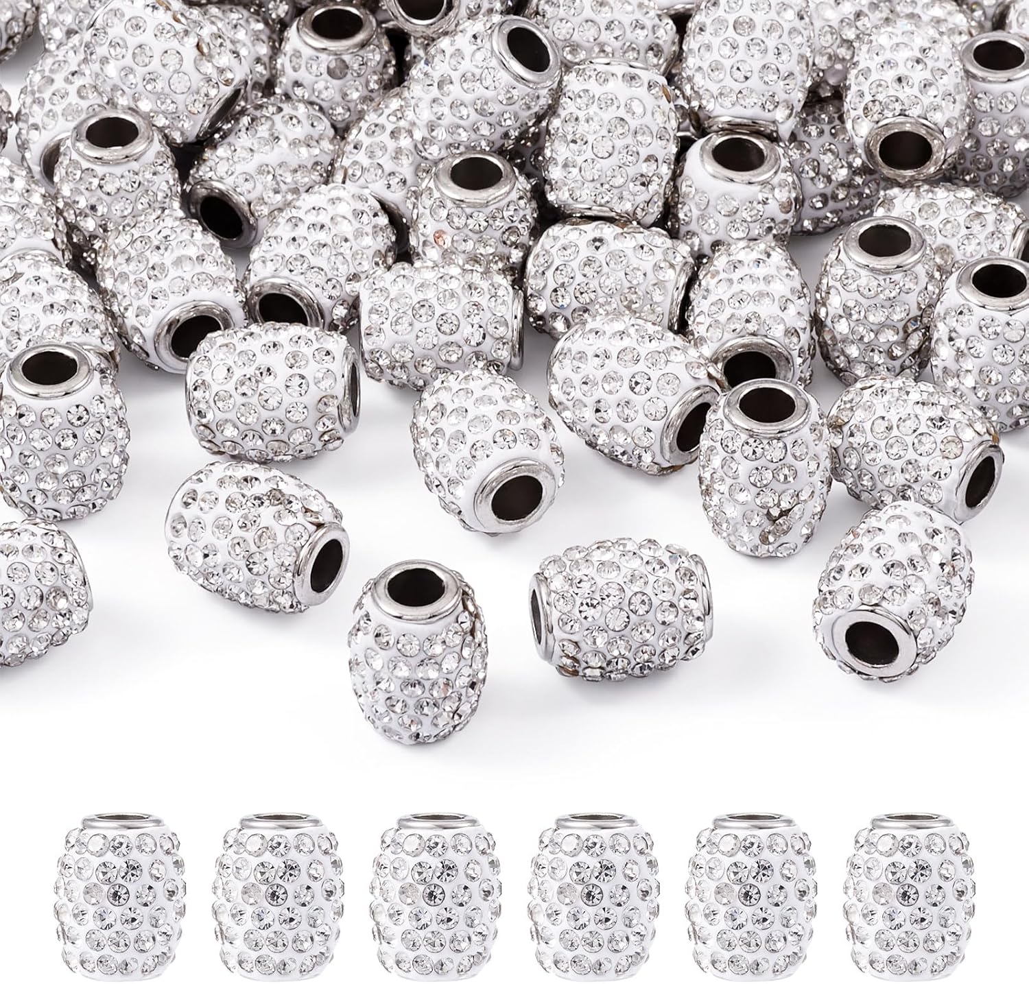Cheriswelry 100 cuentas europeas de agujero grande con diamantes de imitación de barril hechas a mano, arcilla polimérica, cuentas espaciadoras