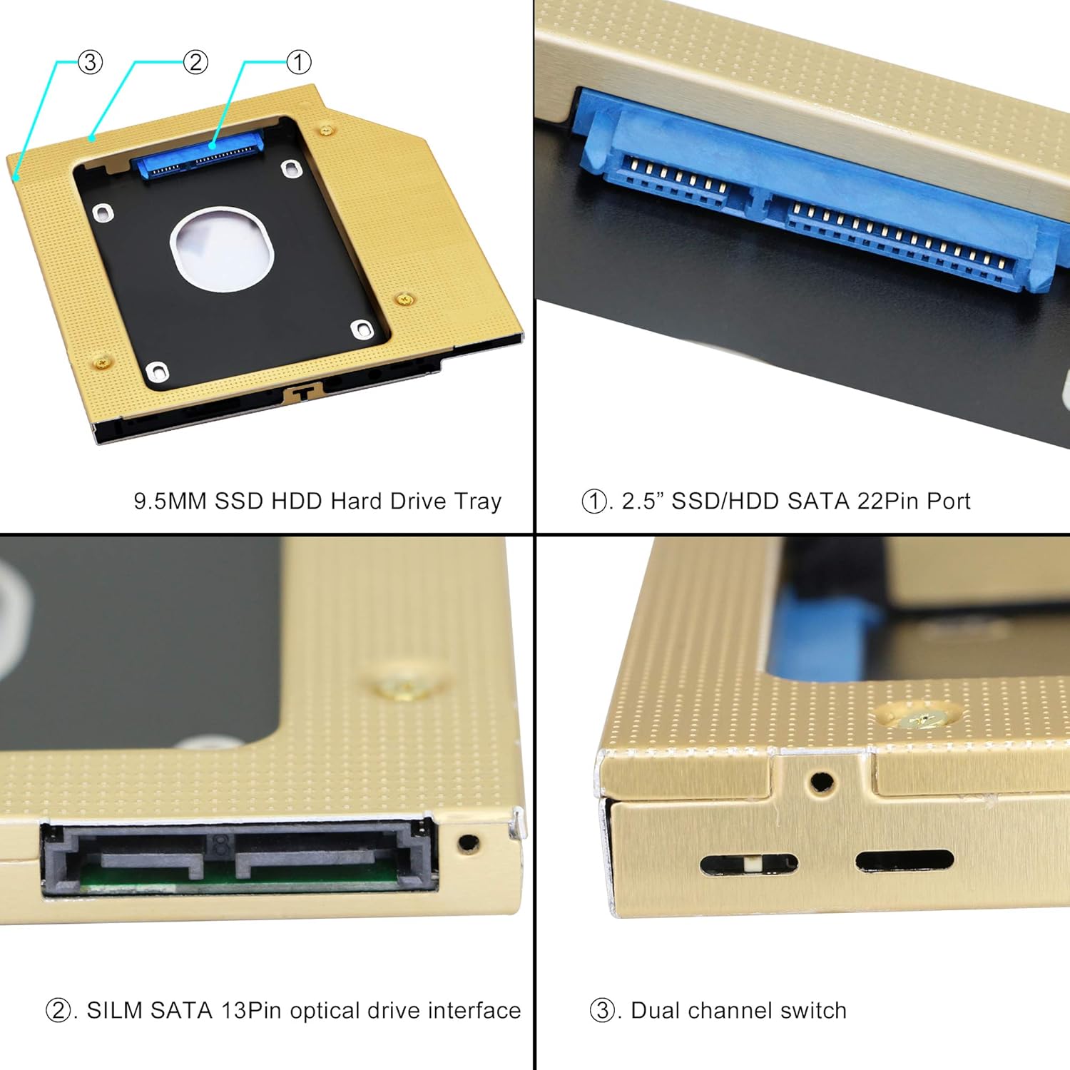 Bandeja de disco duro SATA de 2 unidad de disco duro SSD, bandeja universal de 0.374 in y 2,5 pulgadas para disco duro SATA-III y disco duro SSD,