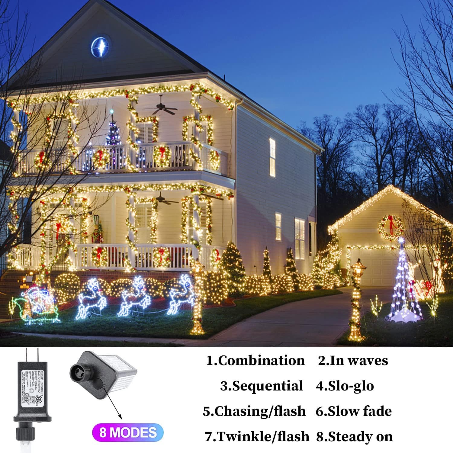 Luces de Navidad para exteriores, 800 luces LED de 330 pies, color blanco cálido, 8 modos de enchufe, decoración impermeable, luces parpadeantes