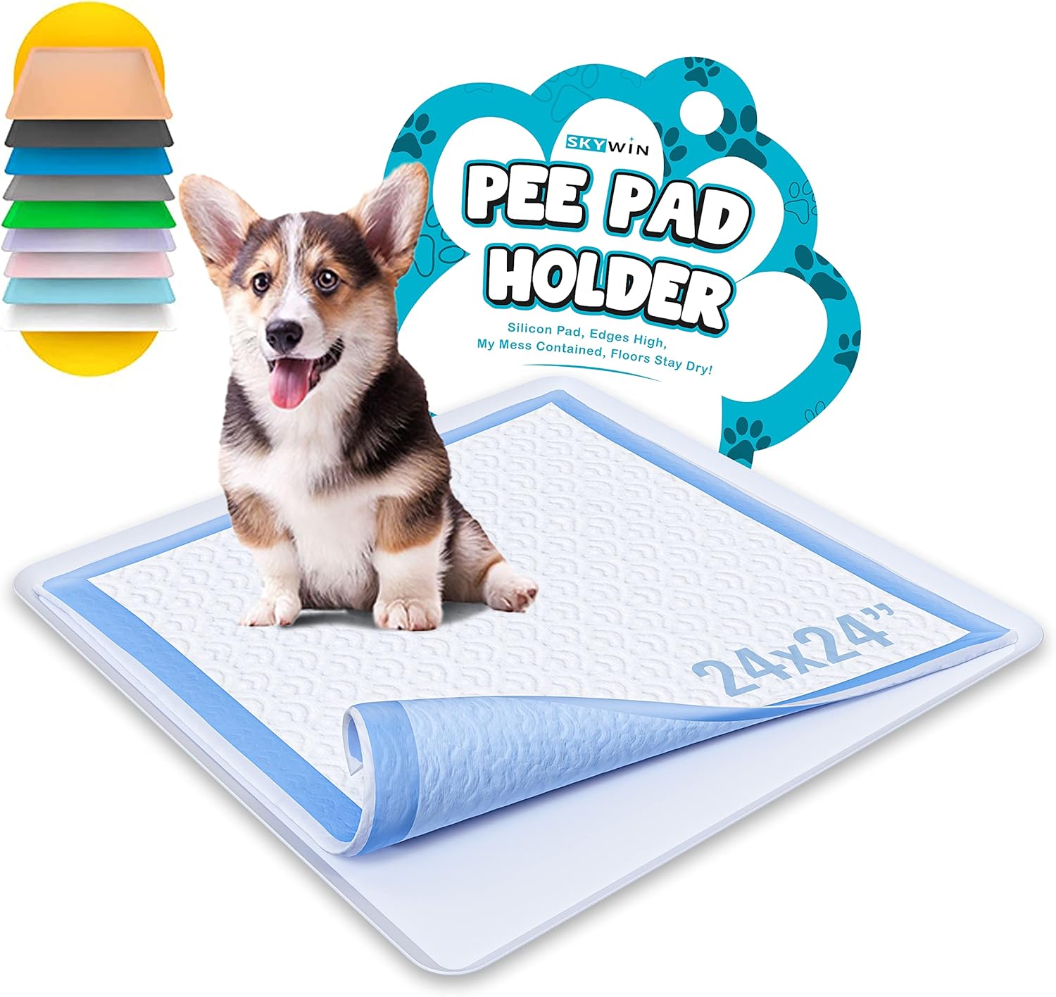 Skywin Bandeja para almohadillas para cachorros de 24 x 24 pulgadas (gris) + 28 x 34 pulgadas (gris)  Silicona, soporte para orina antiderrames para