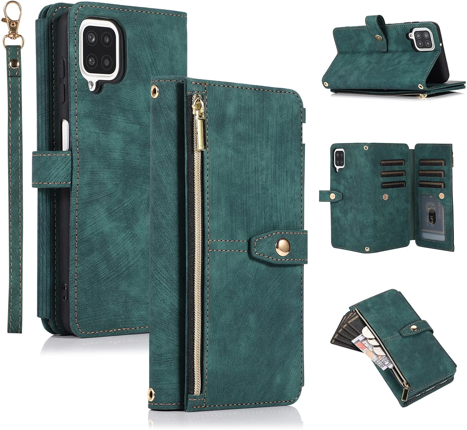 UEEBAI Funda para Samsung Galaxy A12 5GSamsung Galaxy M12, 9 ranuras para tarjetas Cartera de cuero a prueba de golpes Flip Cover con correa de mano