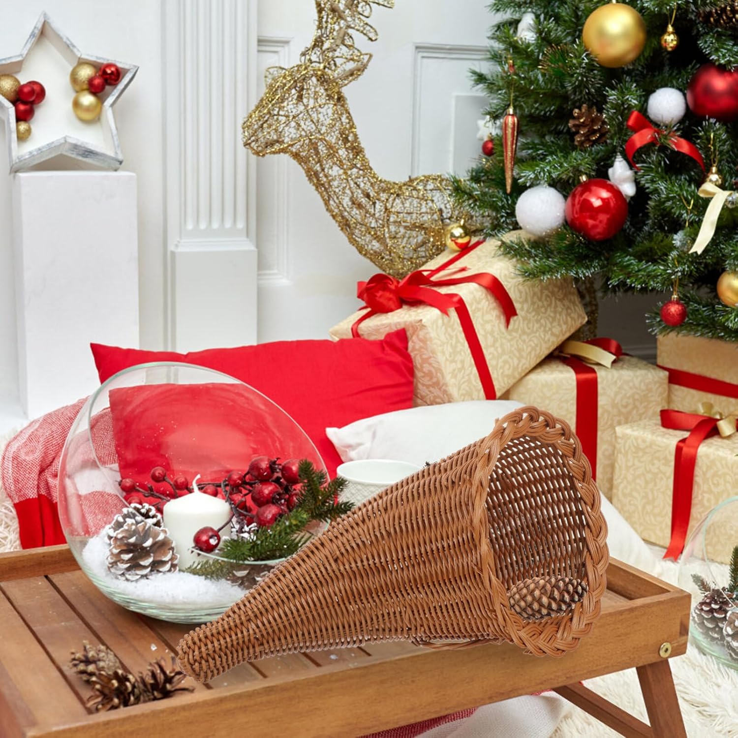 GANAZONO Cesta de cuerno de cornucopia de mimbre de Acción de Gracias, cesta de cosecha, decoración de otoño, cesta de mimbre, cesta de mimbre para