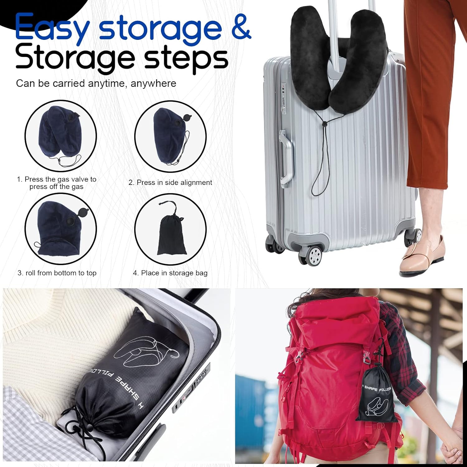 Almohada inflable de viaje con capucha y bolsa de almacenamiento, almohadas suaves para el cuello para viajar, almohada de apoyo para la cabeza del