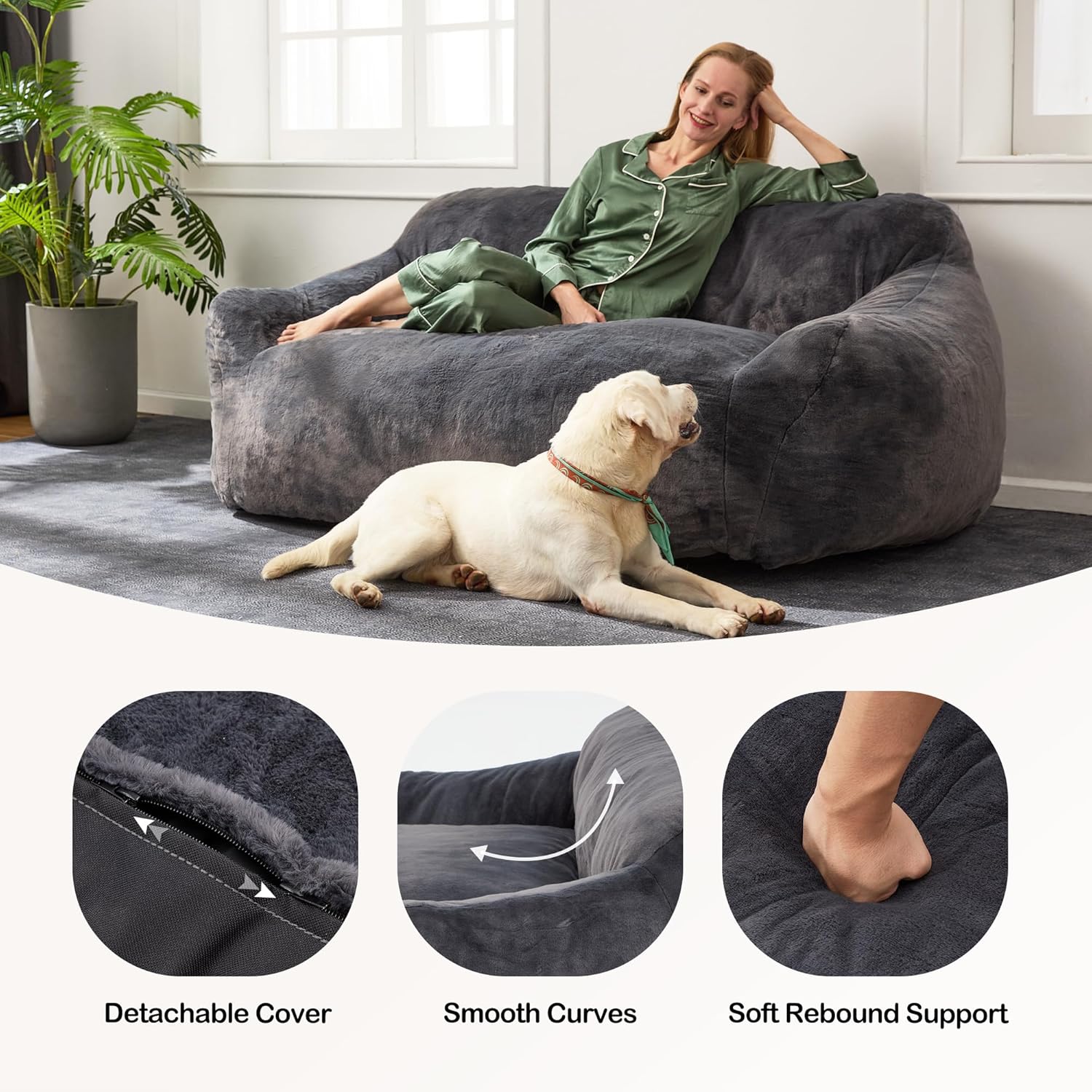 Homguava Puf de gran tamaño para adultos, sofá de puf gigante, sofá de suelo con funda de piel sintética suave y reposabrazos anchos, sofá grande