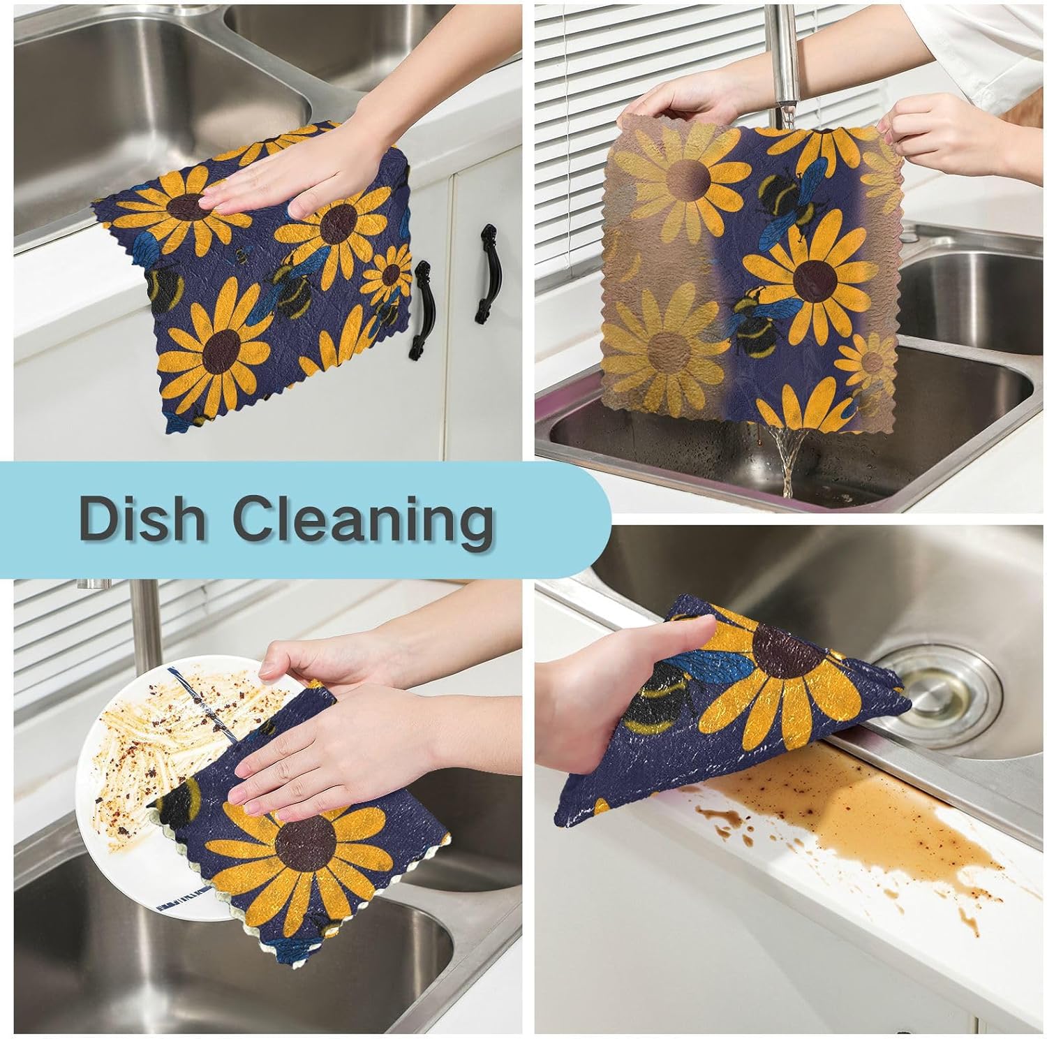 FRODOTGV Summer Floral Bees Happy Blue Cotton Decor Microfiber Towel for Kitchen Fast Drying 6 Pack Microfiber Towel for Restaurant Coffee