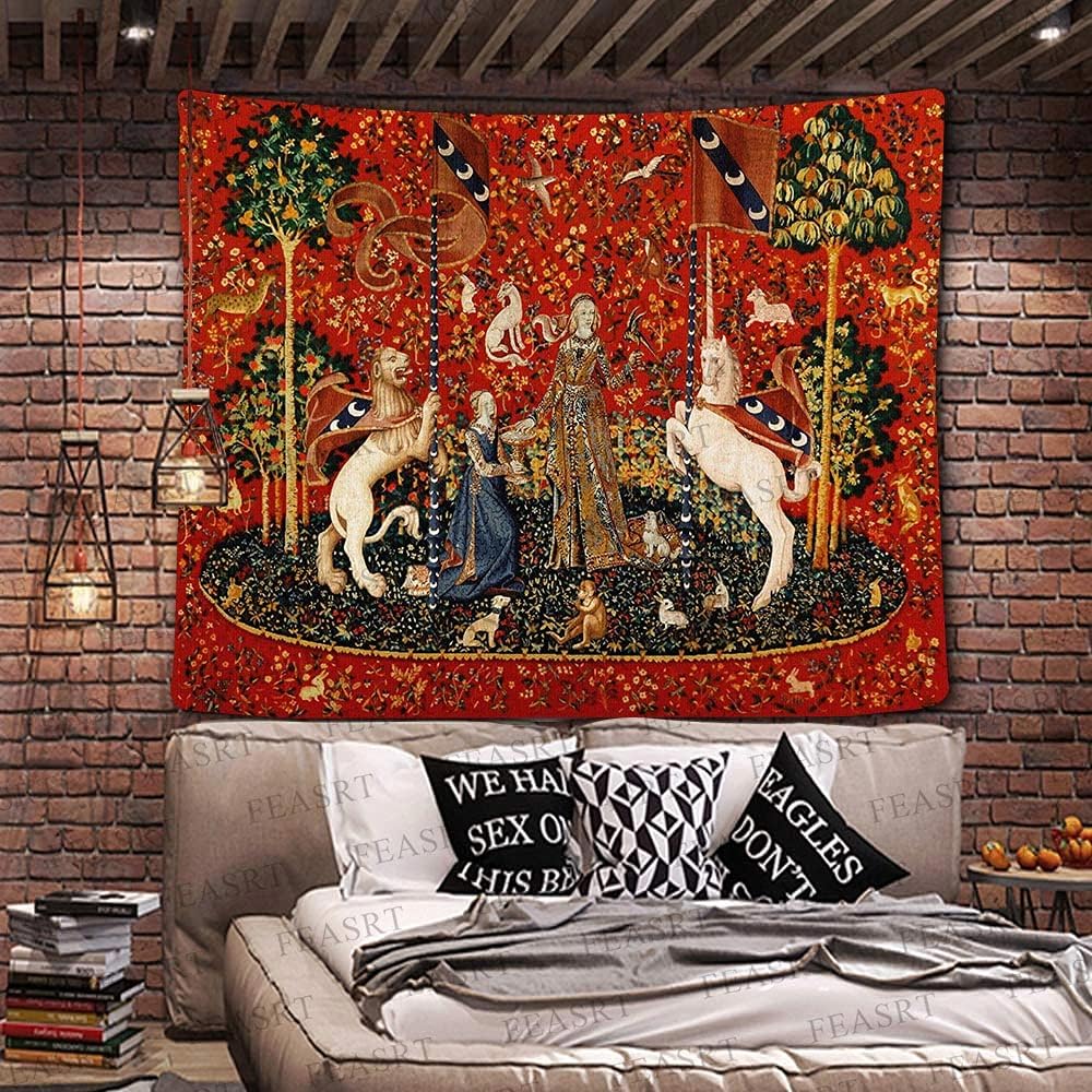 FEASRT Tapiz medieval de princesa de doncella y unicornio, tapiz real europeo, 60 x 51 pulgadas, franela suave, para sala de estar, decoración de