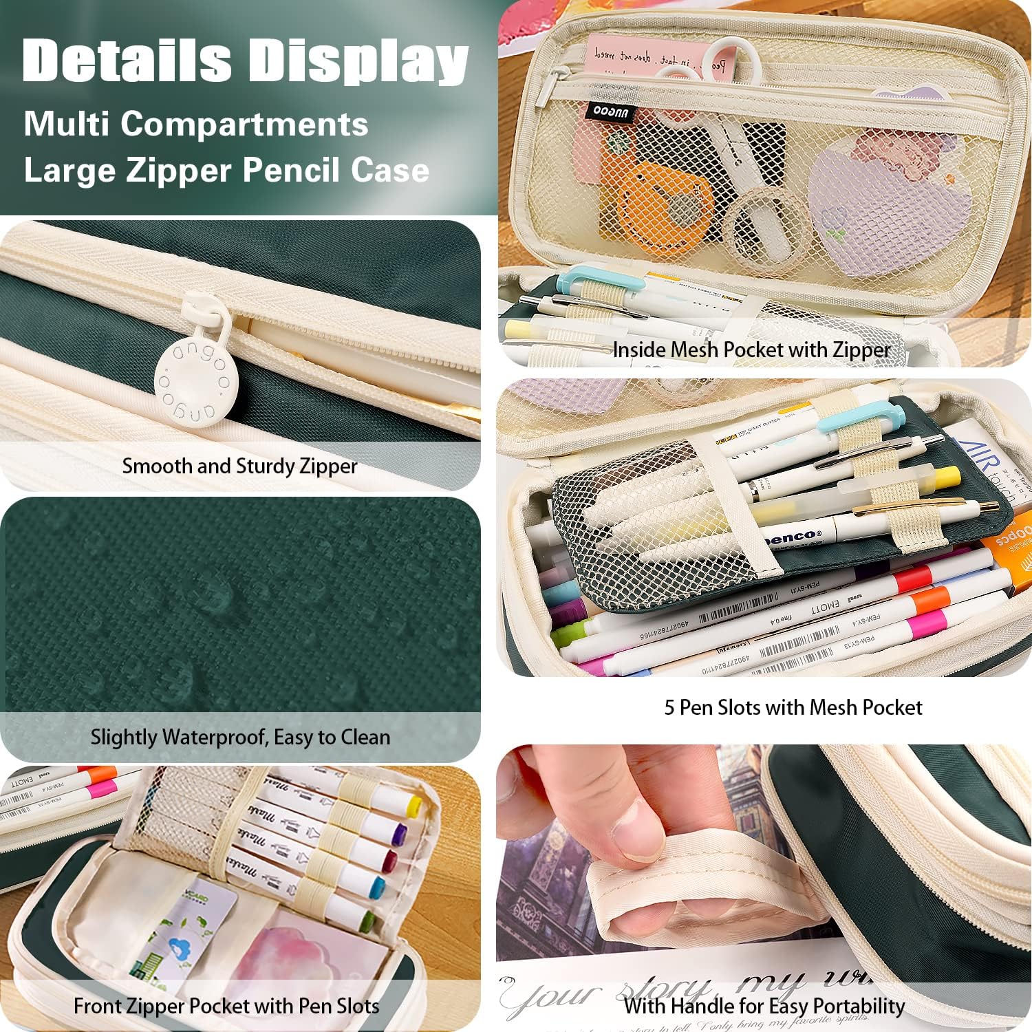 Estuche para lápices de gran capacidad con 4 compartimentos, bolsa expandible para bolígrafos, bolsa de papelería portátil con asa para oficina,
