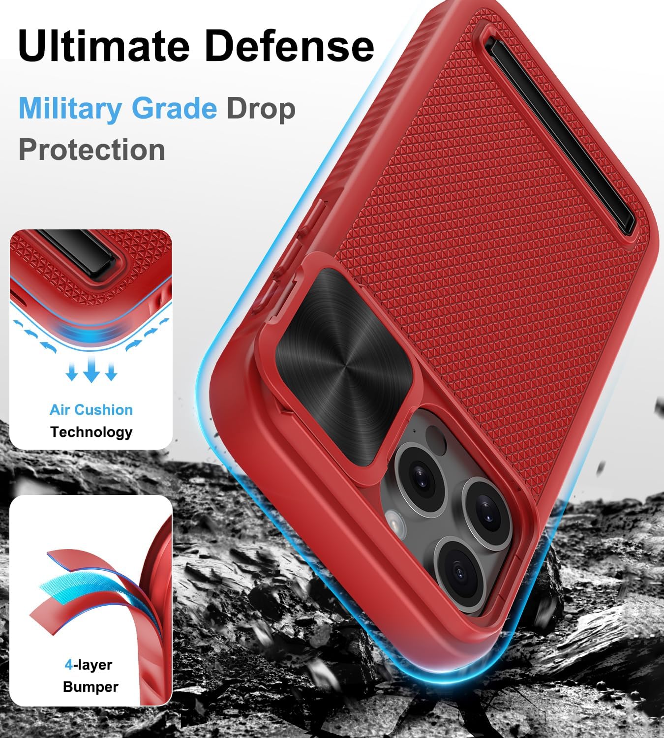 Funda para iPhone 15 Pro Max compatible con MagSafe, funda con soporte y cámara deslizante integrada, protección de grado militar, funda rígida