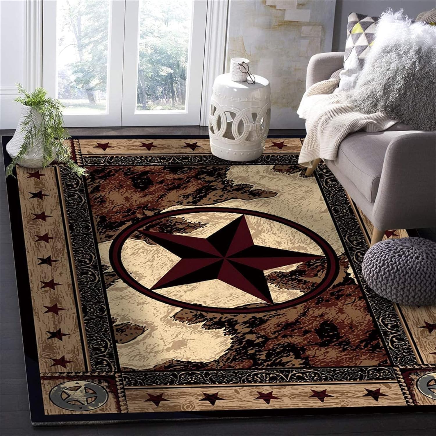 Alfombra vintage con estrellas negras y marrones de 6 x 8 pies, alfombra de área con estrella dorada, tridimensional, retro, para sala de estar,