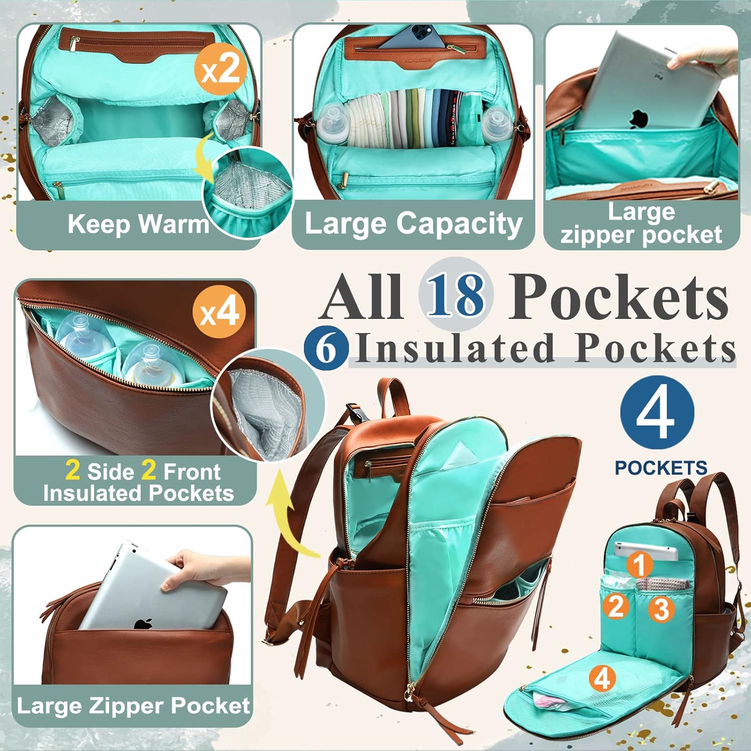 MOMINSIDE Mochila para pañales, bolsas cruzadas de cuero para bebé con 6 bolsillos aislados para mamá papá, búsqueda de registro de bebé, cambiador,