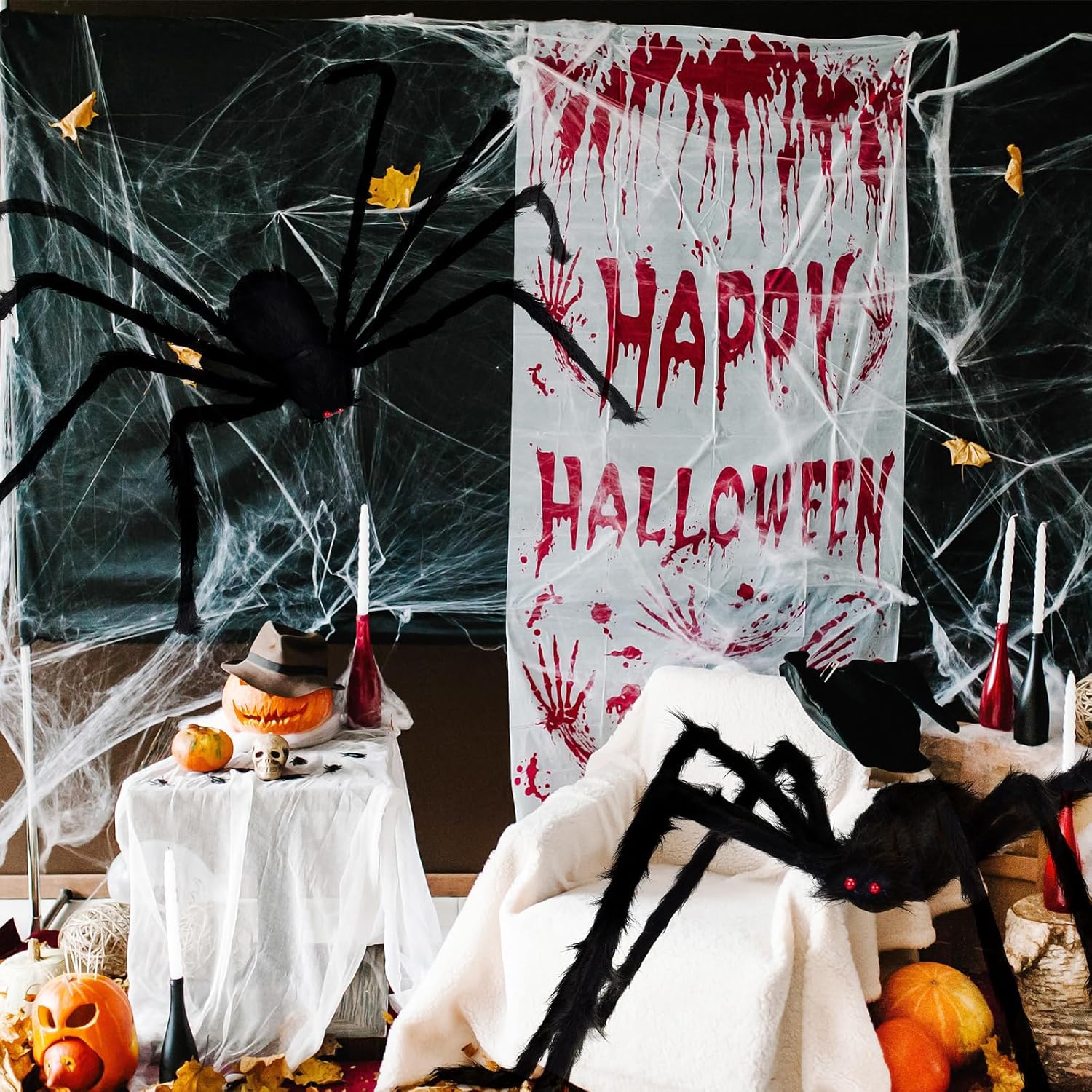 Paquete de 2 decoraciones de Halloween para exteriores, araña negra peluda de 5 pies, araña gigante aterradora, araña grande falsa, accesorios de