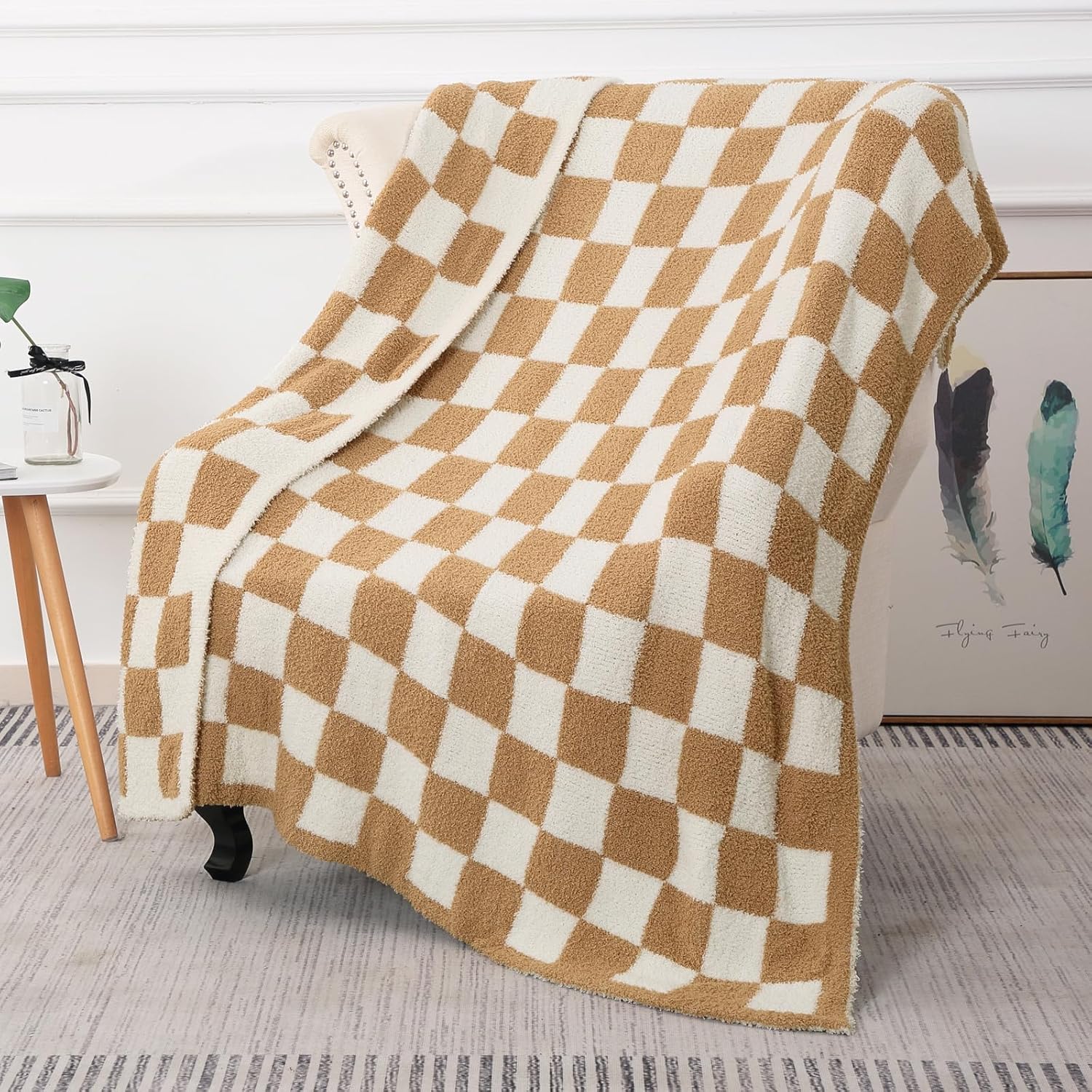 Manta a cuadros súper suave, manta de felpa ligera de vellón para sofá y sofá, manta reversible de lujo mullida de punto a cuadros, color camel, 50