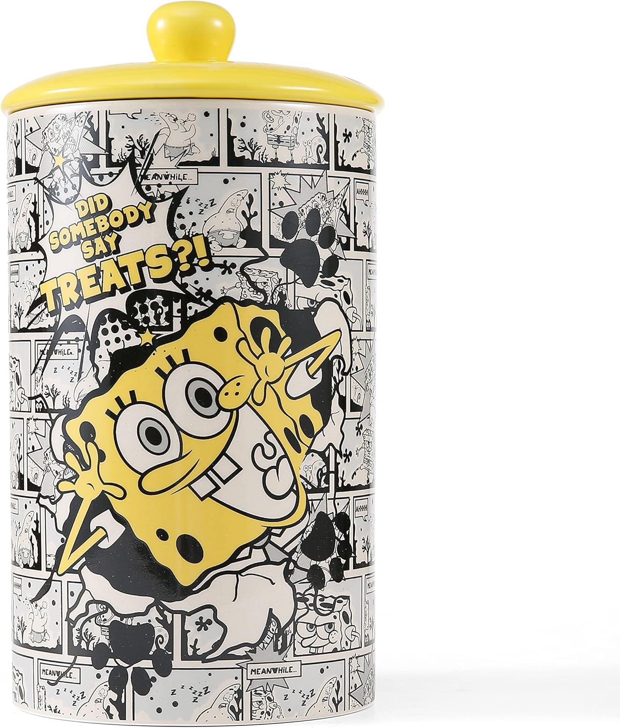 “Did Somebody Say Treats” – Tarro de cerámica para perros de 10 x 5 con tapa, apto para lavavajillas, Bob Esponja, cilindro amarillo para